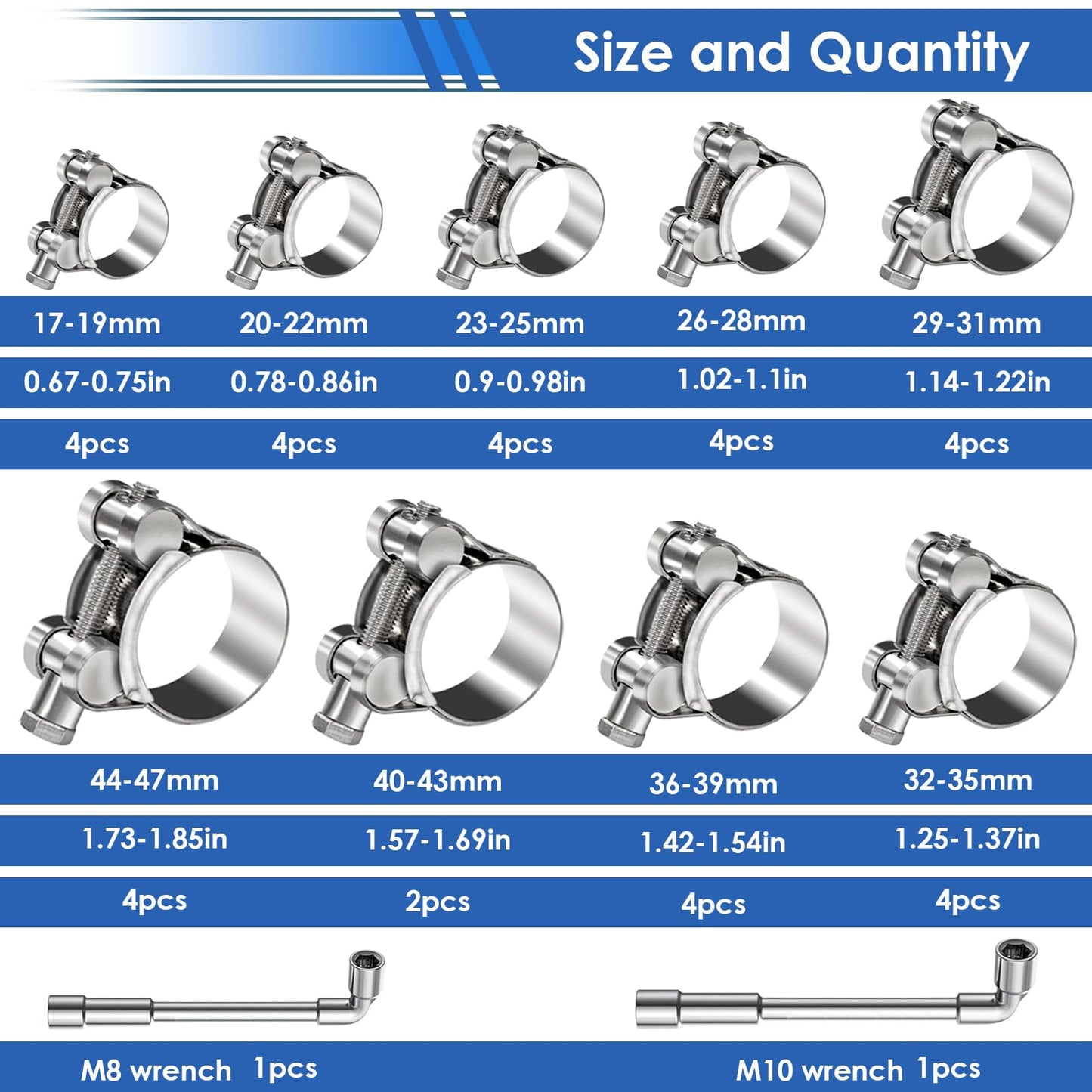 smseace 36Pcs 17-47mm T-bolt Hose Clamps 304 Stainless Steel 9-sizes Heavy Duty T bolt Hose Clamps with M8 and M10 Socket Wrenches