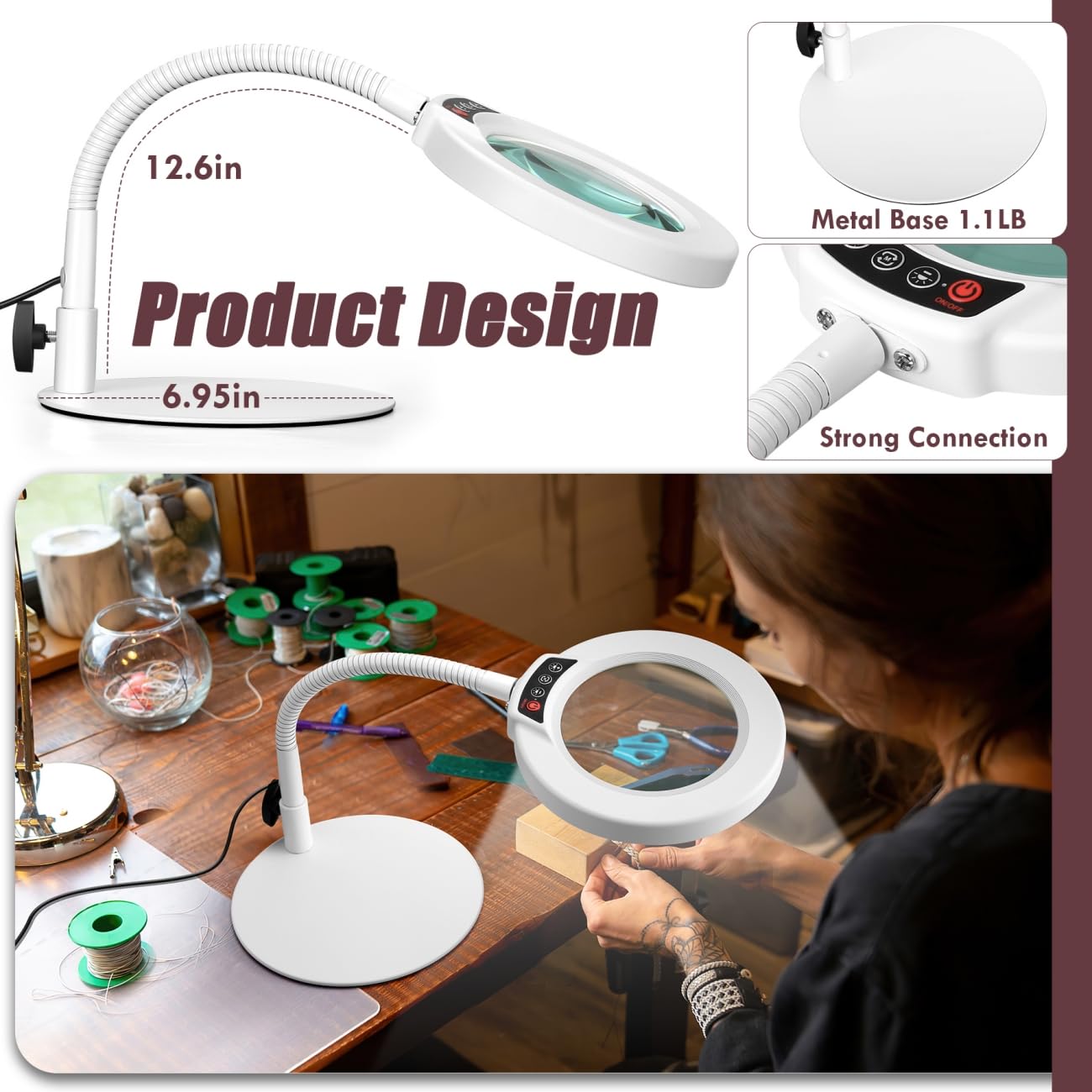 Krstlv 10X Magnifying Glass with Light and Stand, 5 Color Modes Stepless Dimmable LED Lighted Desk Lamp, Hands Free Flexible Gooseneck Magnifier with Light for Craft Hobby Painting Close Work - White