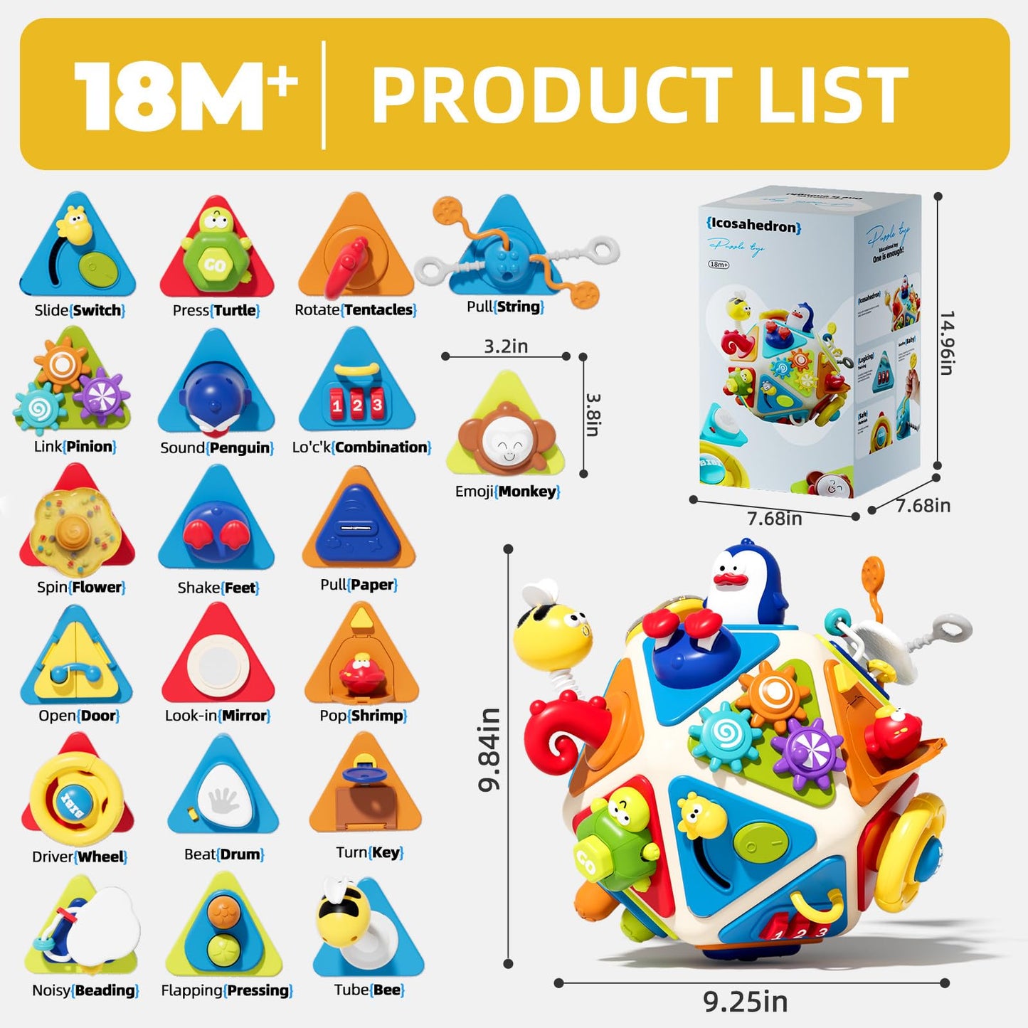 Vanvimen 20-in-1 Toddler Busy Board Activity Cube Toys, Montessori Toy for 1 2 Year Old Boys Girls Kids, Early Educational Active Toy for Toddler 1-3, Travel Toys Gifts for 1 2 Year Old Boy Girl