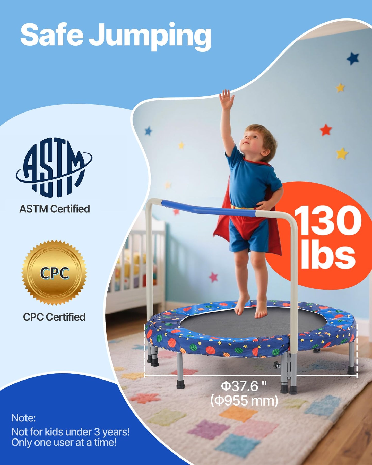 VEVOR 36" Kids Trampoline, 3FT Indoor Outdoor Trampoline, Foldable Mini Trampoline with Handle, Rebounder Trampoline for Toddlers, Birthday Gift for 3+ Years Children, Boys Girls for Fun, Bule