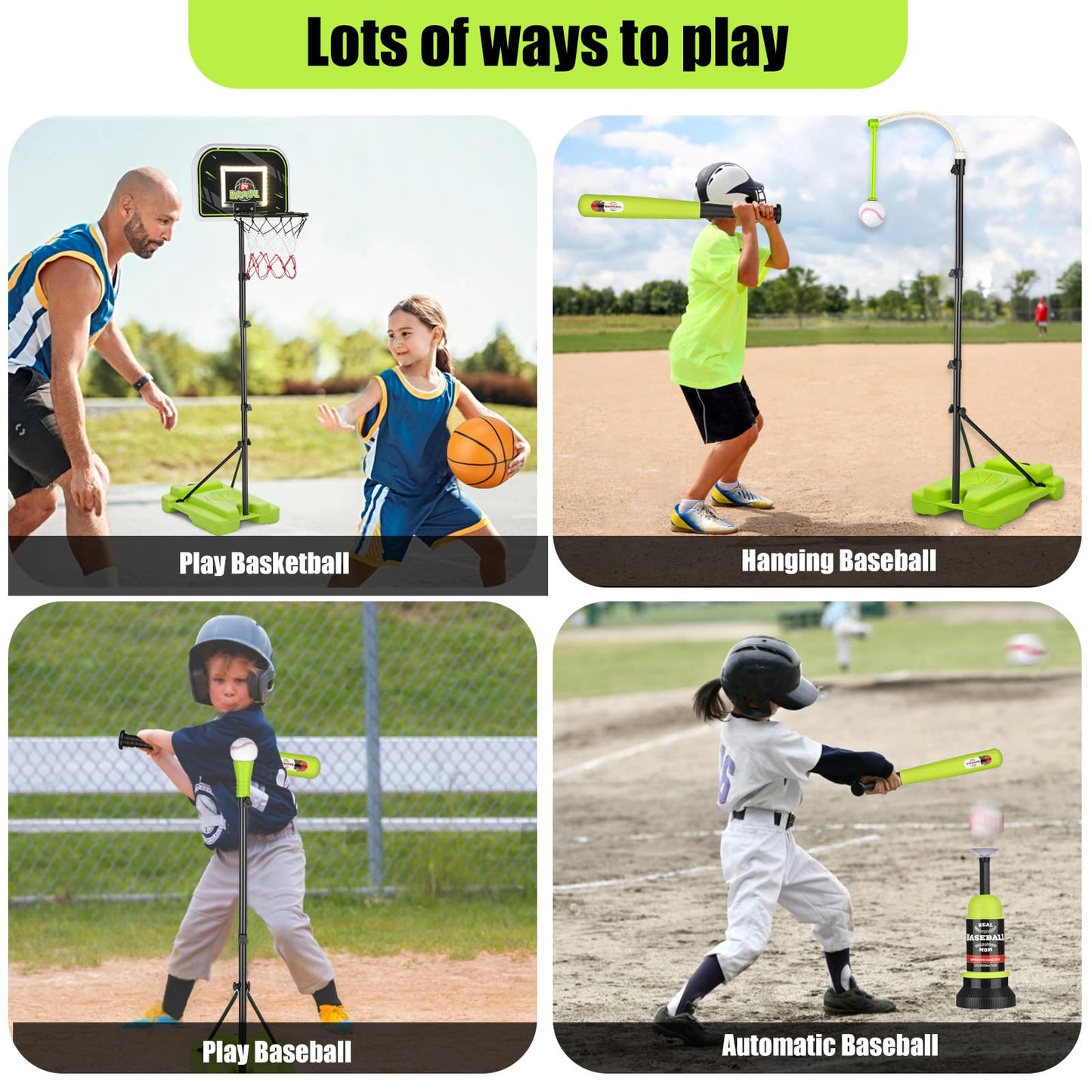 4 in 1 Kids Basketball Hoop and Tball Set for Kids 3-5, Adjustable Height Toddler Basketball Hoop, Hanging Tee Baseball with Automatic Pitching Toddler Birthday Gift Outdoor Toys for 3-12 Years Old