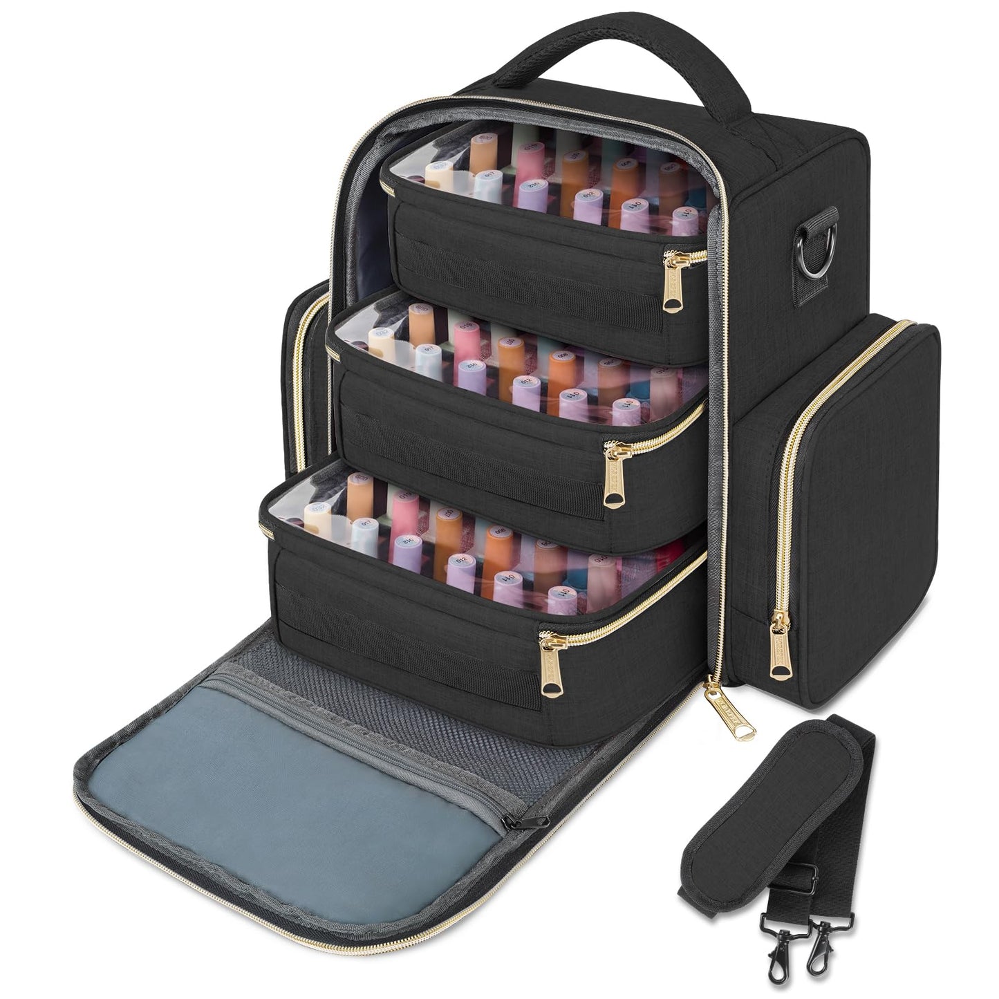YOREPEK Nail Polish Organizer Holds Up to 72 Bottles (15ml-0.5 fl.oz) Nail Polish Carrying Case with 3 Removable Pouches and 4 Zippered Pockets for Manicure Tools, Supplies, Nail Lamp, Gift for Women