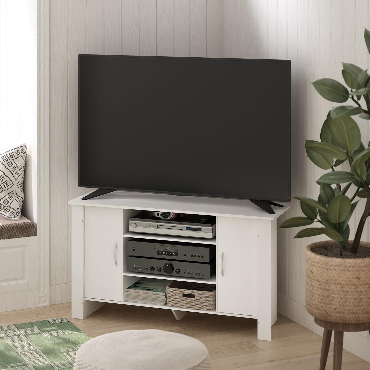 Furinno ECON TV Stand, 4-Tier Entertainment Center with Adjustable Shelf, Open Back TV Console with Door Storage for TV up to 50 Inch, for Living Room, Bedroom, White