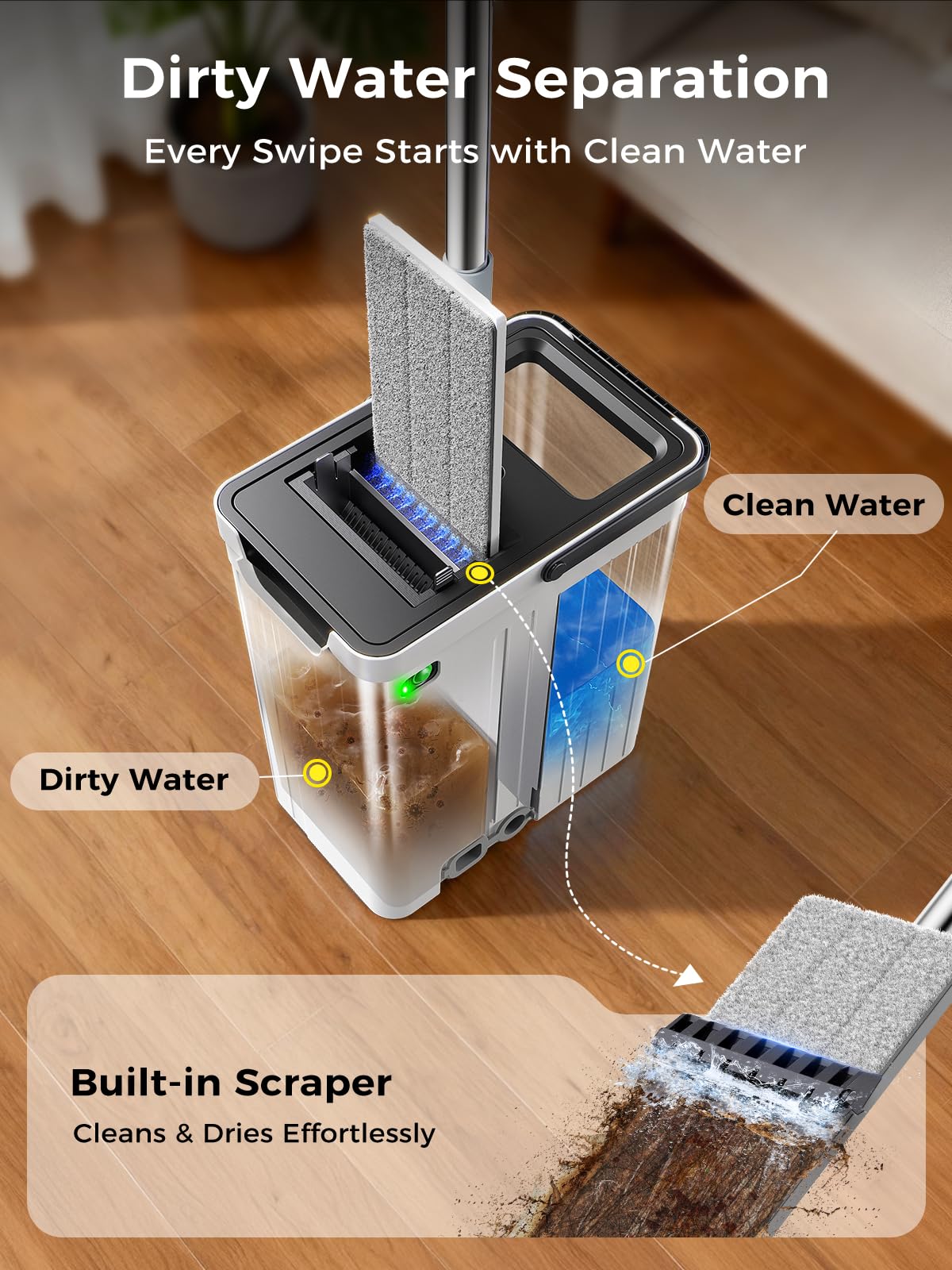 ADICOM Mop and Bucket Set | Auto-Spray Cleaning | Dirty Water Separation Keep Water Fresh | Flat Mop & Bucket with Wringer | 3x Washable Pads | High-efficiency Cleaning for All Floors Tile Wall Window