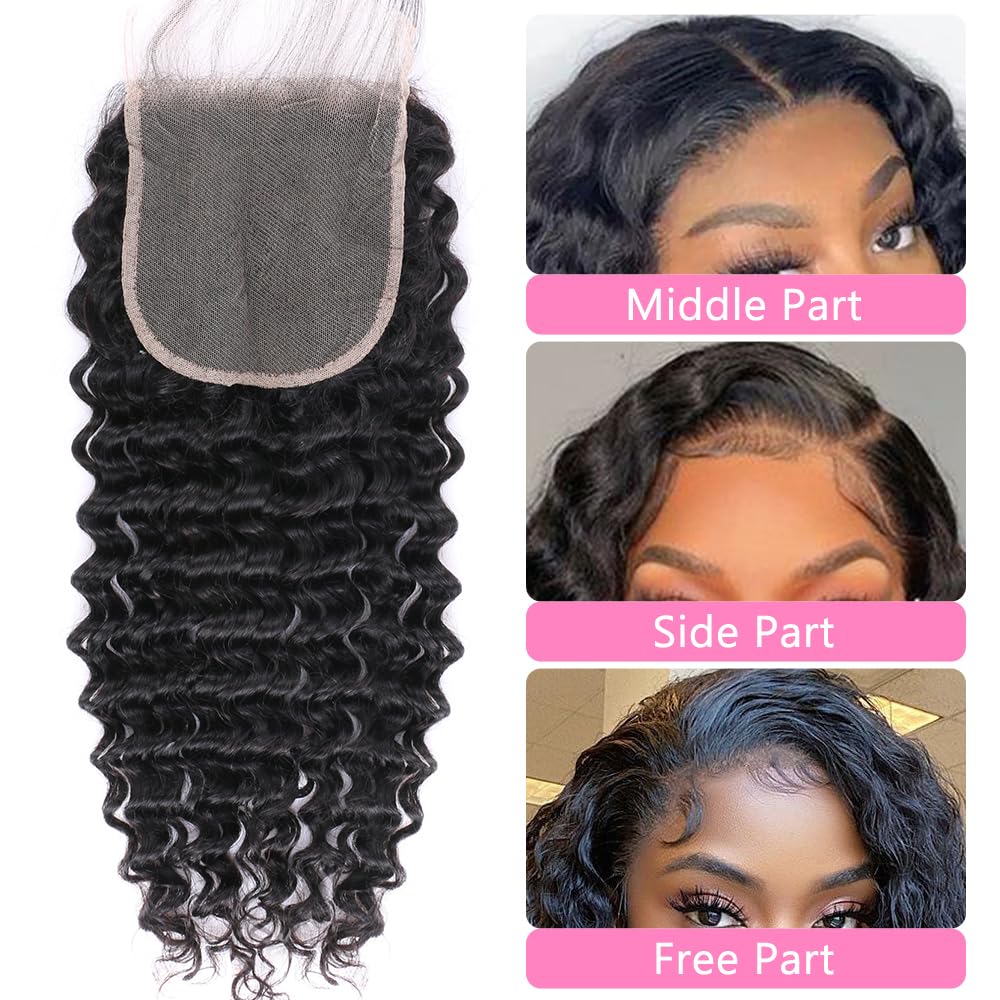 5x5 HD Lace Deep Wave Ultra-thin Transparent Lace Closure 12A Brazilian Virgin Human Hair Closure Free Part Pre Plucked with Baby Hair Natural Black 16 Inch