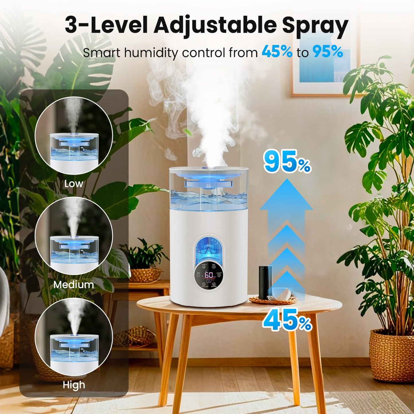 Humidifiers for Bedroom Large Room Home - GloryAir 6L Quiet Top Fill Cool & Warm Mist Humidifier with Smart Humidity Control, Remote Control, 7-Color Light, Humidistat, Oil Diffuser