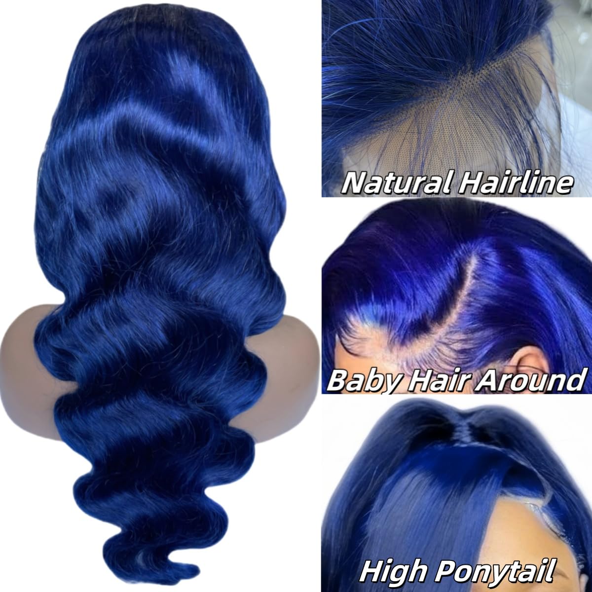 Suresen Dark Blue 13x4 Lace Front Wigs Human Hair Pre Plucked 180% Density 26 Inch Body Wave Hd Lace Front Wig Human Hair Pre Plucked Dark Blue Human Hair Wig with Bleached Knots Natural Hairline