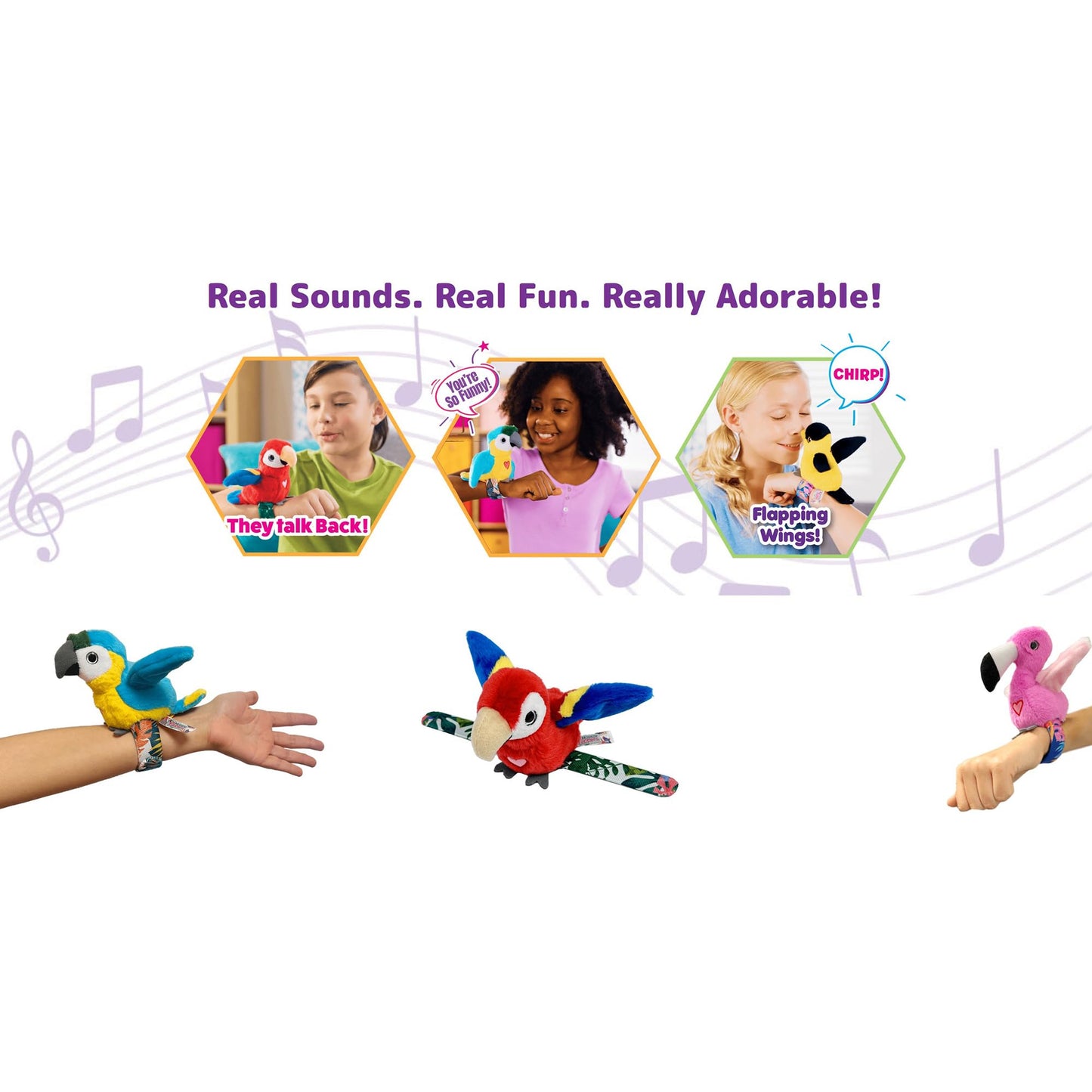 Happy Yappers: Birds 2 Pack - Oriole & Red Parrot - Slap Bracelet Interactive Plush Toy Birds, They Chat-Sing-Mimic Each Other, Flap Wings, Kids 3+