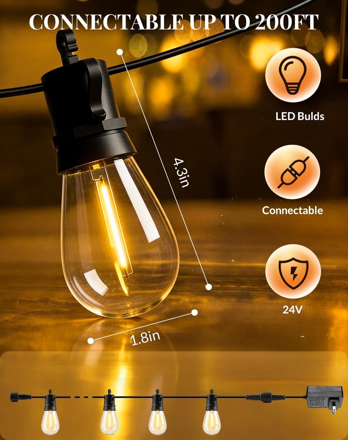 Outdoor String Lights LED Patio-Light - 65Ft Outside Waterproof Dimmable Porch Lights with Remote Shatterproof S14 Bulbs Outside Hanging Light Connectable Lighting for Gazebo Backyard Bistro Pergola