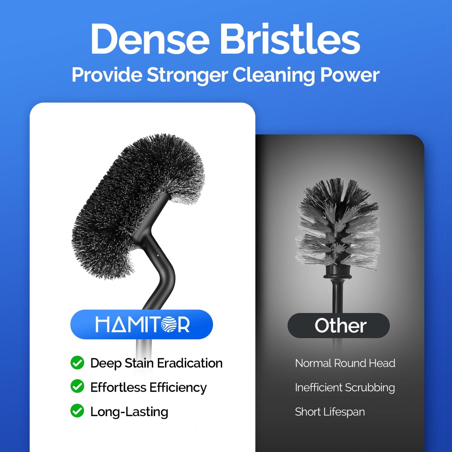 Hamitor Toilet Brush and Holder Set: 304 Stainless Steel Rustproof Toilet Scrubber with Under Rim Deep Cleaning Curved Bristle - Bathroom Cleaner Brush for Renters Homeowners Family Silver 2 Pack