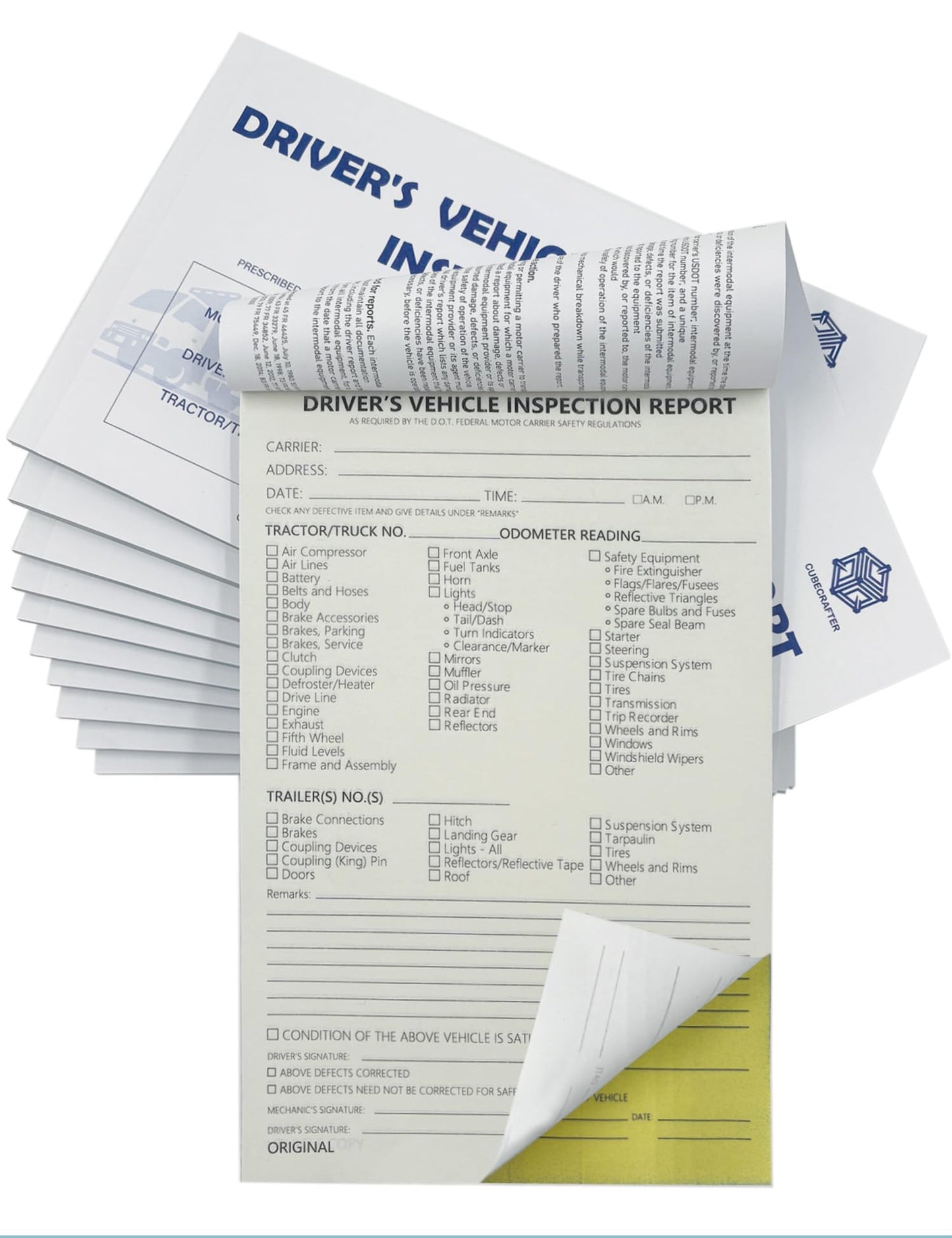 Detailed Driver's Vehicle Inspection Report 10 Pack Book Format, 2-Ply Carbonless, 5.5" x 8.5", 35 Sets of Forms per DVIR Log Book for Truck Drivers,FMCSR Compliant with Easy Tear-Out