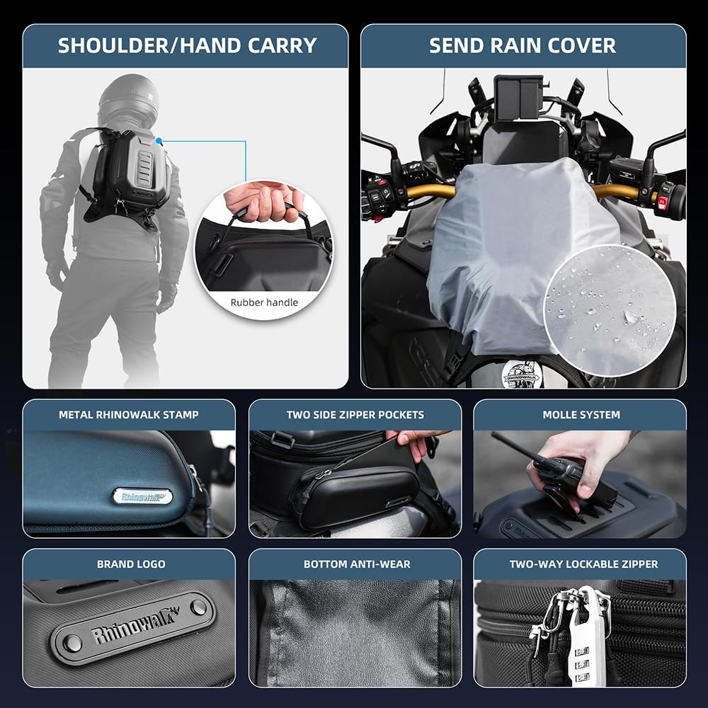 Rhinowalk Motorcycle Tank Bag, 15-18L Expandable Motorcycle Storage, Waterproof All Weather-Carbon Fiber Black