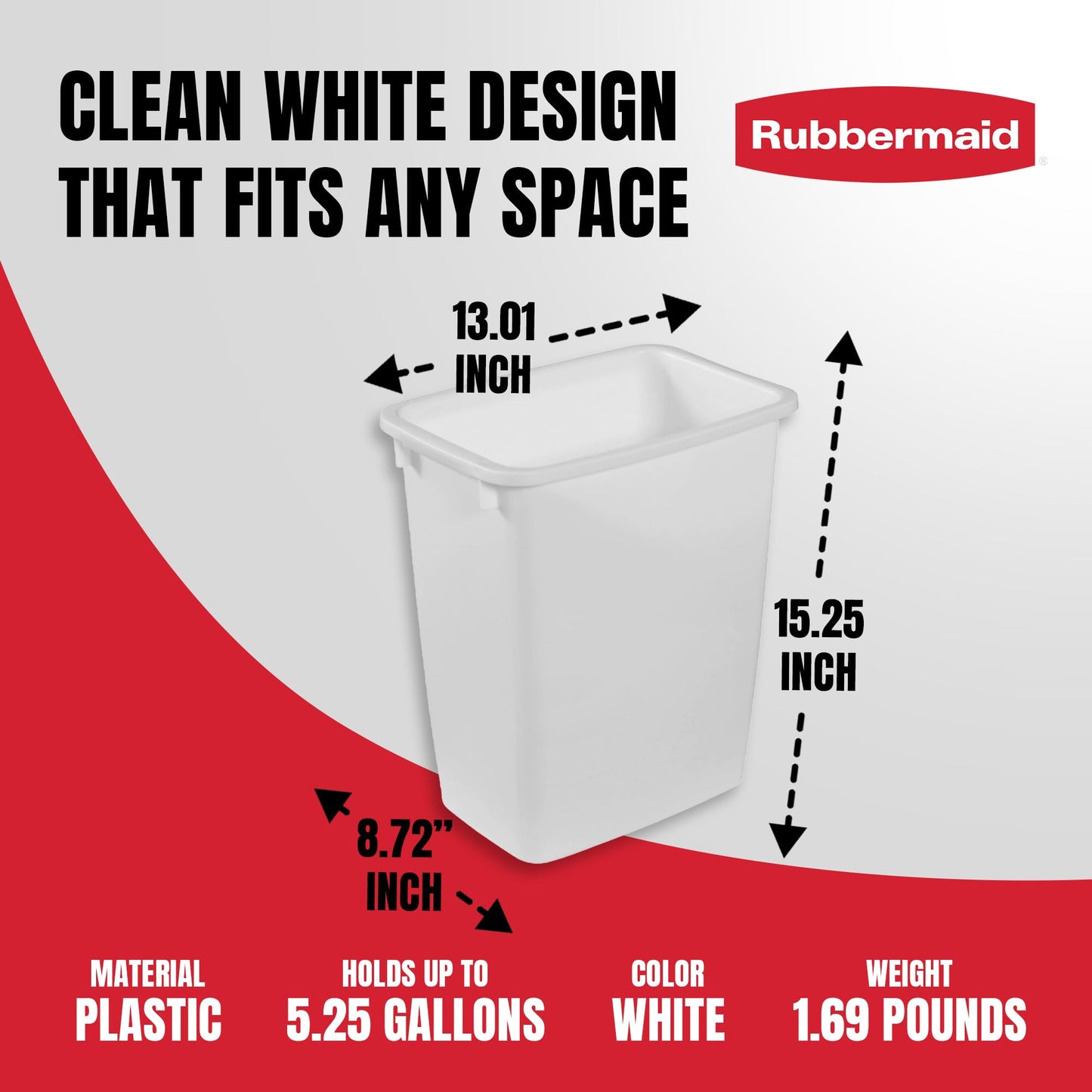 Rubbermaid 2 Pack Traditional Open Top Waste Basket Indoor Trash Bin Container for Bathrooms, Kitchens, and Home Office, 21 Quart, White