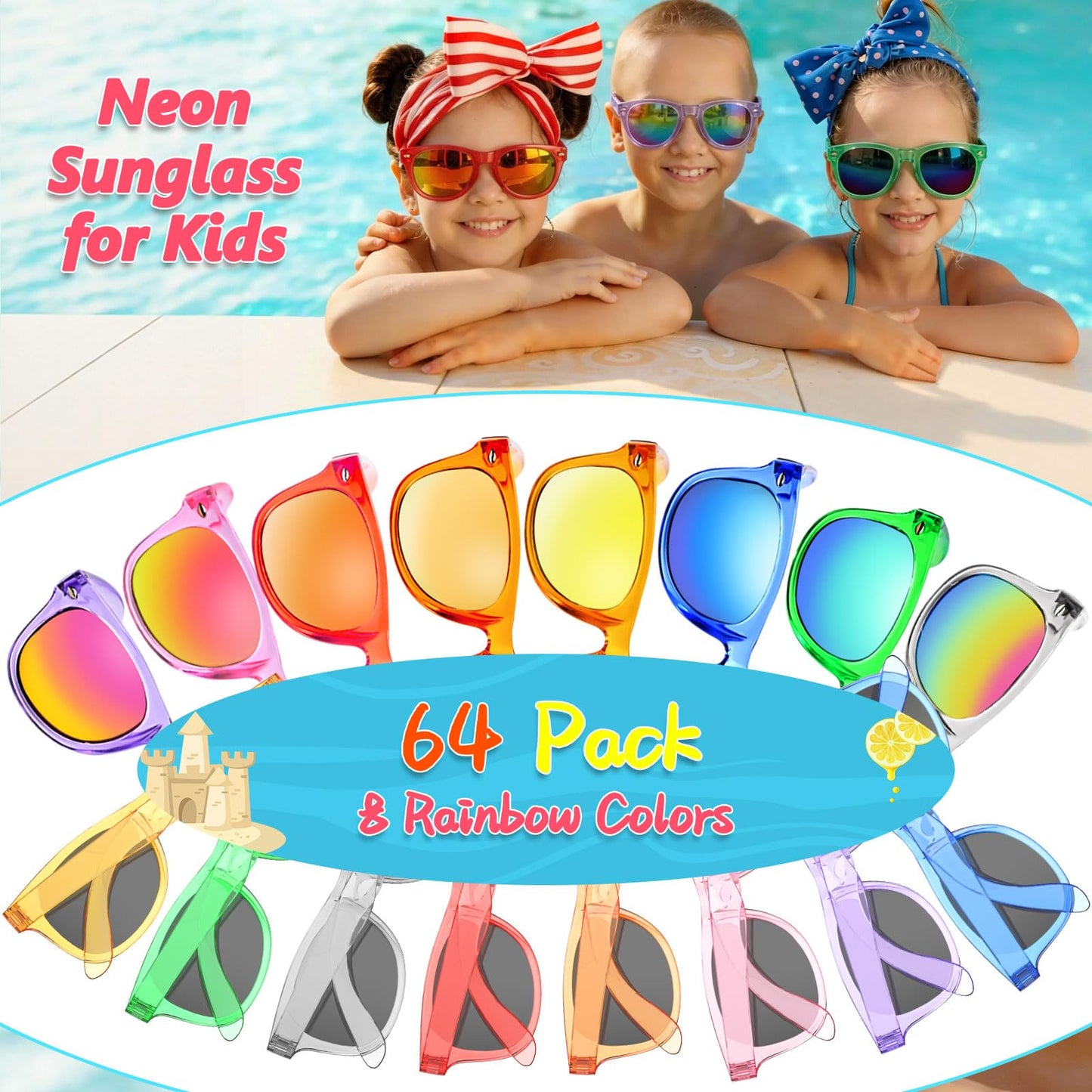 Kids Sunglasses Bulk Party Favors - Boys Girls Sunglasses for Kids Age 3-8, Neon Sunglass with UV400 Protection, Goodie Bags Stuffer for Kid Birthday Party Supply, End of Year Student Gifts (64 Packs)
