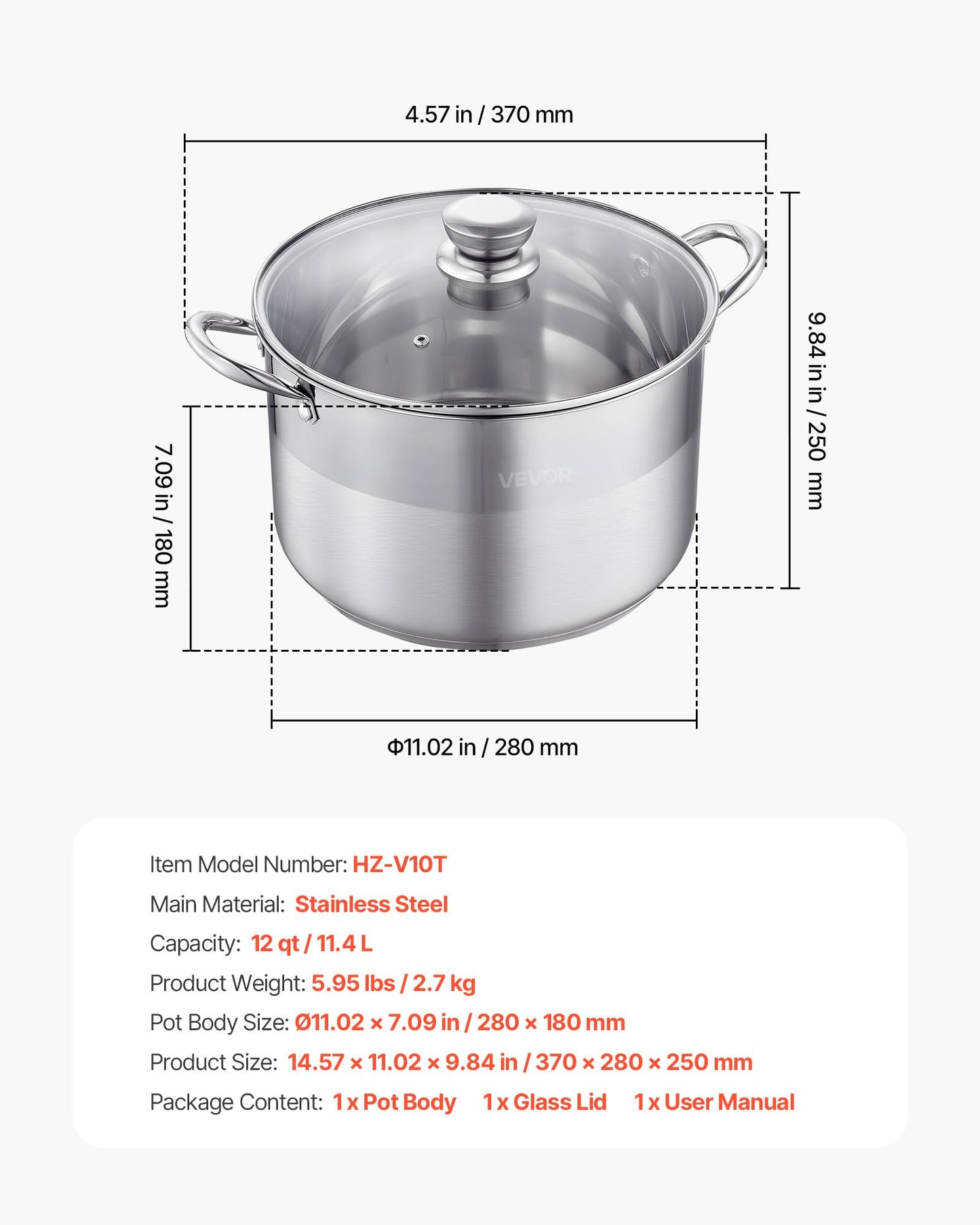 VEVOR Stainless Steel Stock Pot, 12QT Stainless Steel Stockpot with Glass Lid, PFOA-Free, PFAS-Free, Compatible with Gas Stoves, Induction Cooktops, Electric Stoves, for Soups, Stews, and Pasta