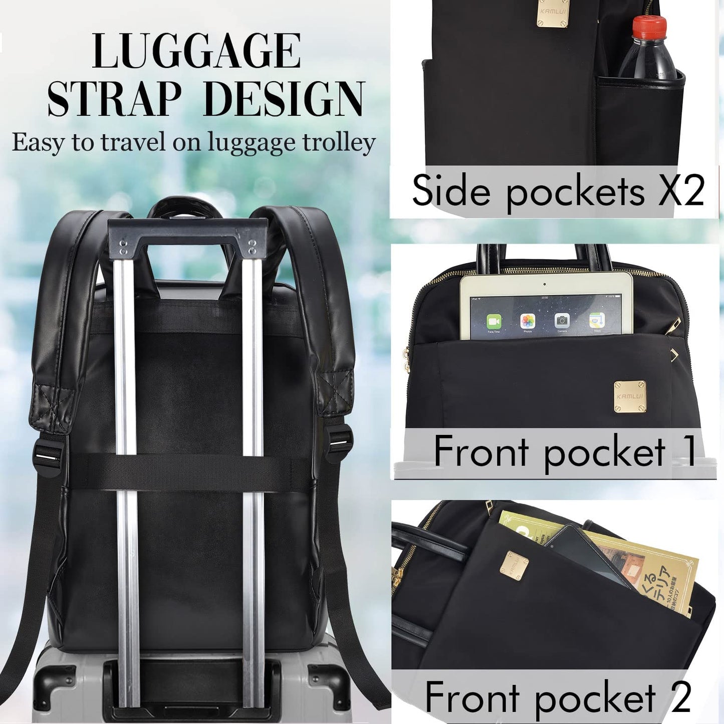 Kamlui Laptop Backpack for Women Slim Travel - Laptop Bag Computer Case Fit up to 15.6-inch Notebook Lightweight Medium Size Purse for Work Bookbag Business Fashion Stylish PU Leather Black
