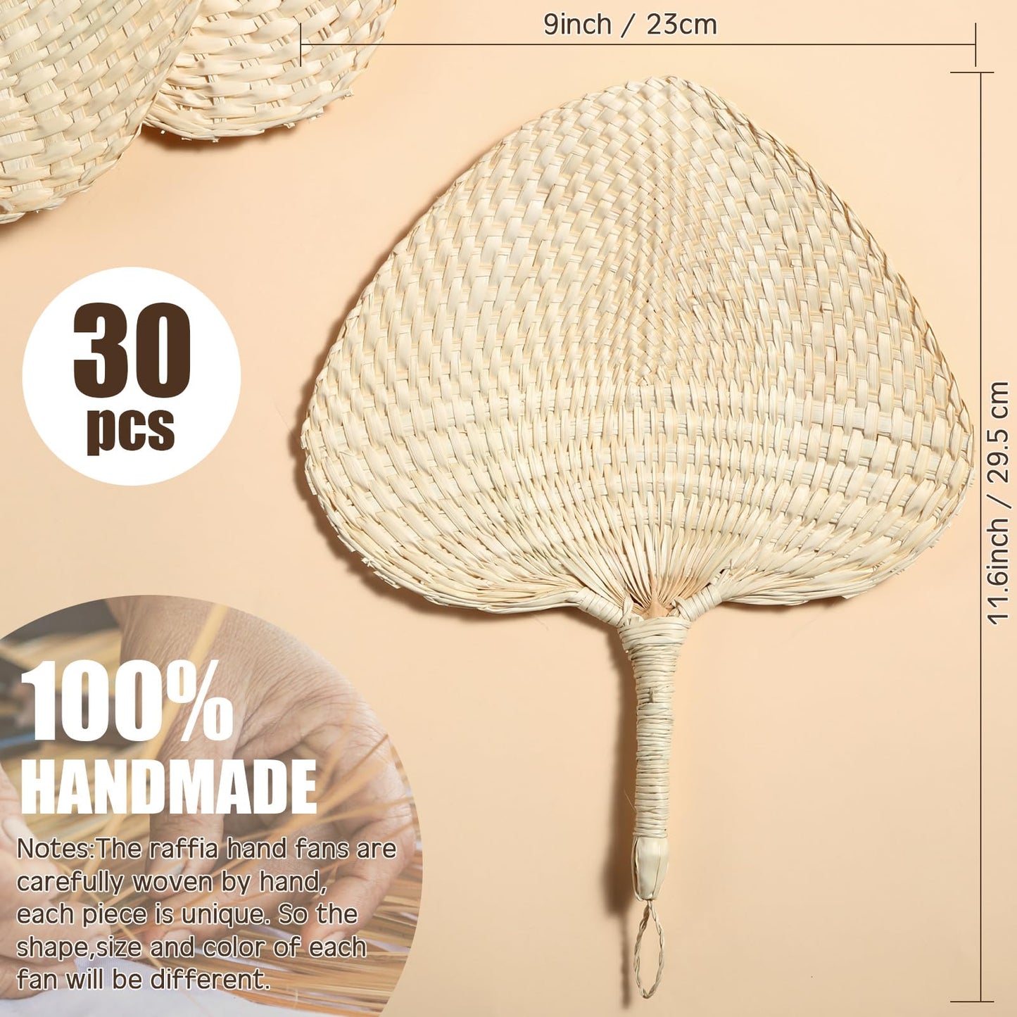 Marsui 30 Pieces Wedding Raffia Fans Bamboo Natural Handmade Palm Leaf Hand Weaving Boho Fans for Guest Couple Summer Cooling Supplies Farmhouse Wall Decor Wedding Favors
