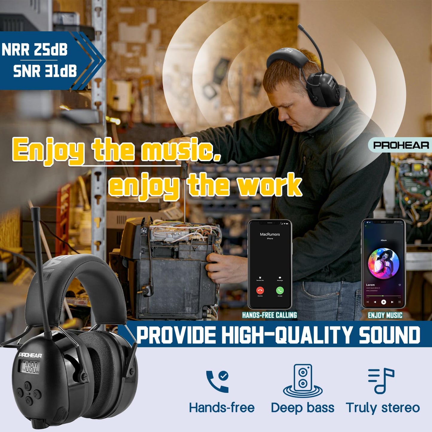 PROHEAR 033 AM FM Bluetooth 5.4 Radio Headphones - USB C Rechargeable 2000mAh Battery - Radio Headset Hearing Protection 31dB SNR - 48Hrs Playtime - Ear Protector for Mowing Lawn, Gifts for Father