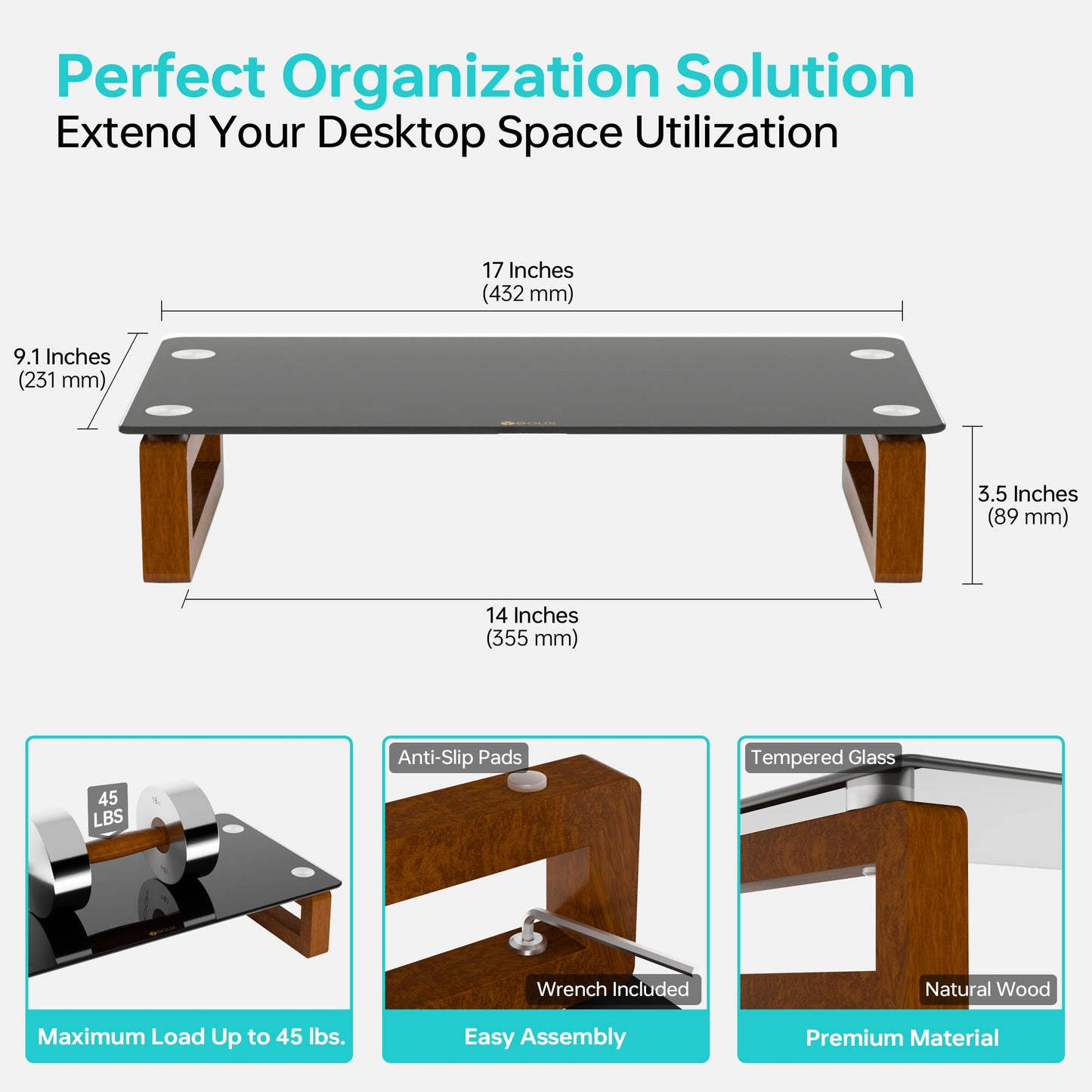 YEOUX Black Glass Computer Monitor Stand Riser with Wooden Base for Flat Screen LCD, LED TV, Laptop, Printer, Multi Media Desktop Stand, Office Supplies Desk Organization