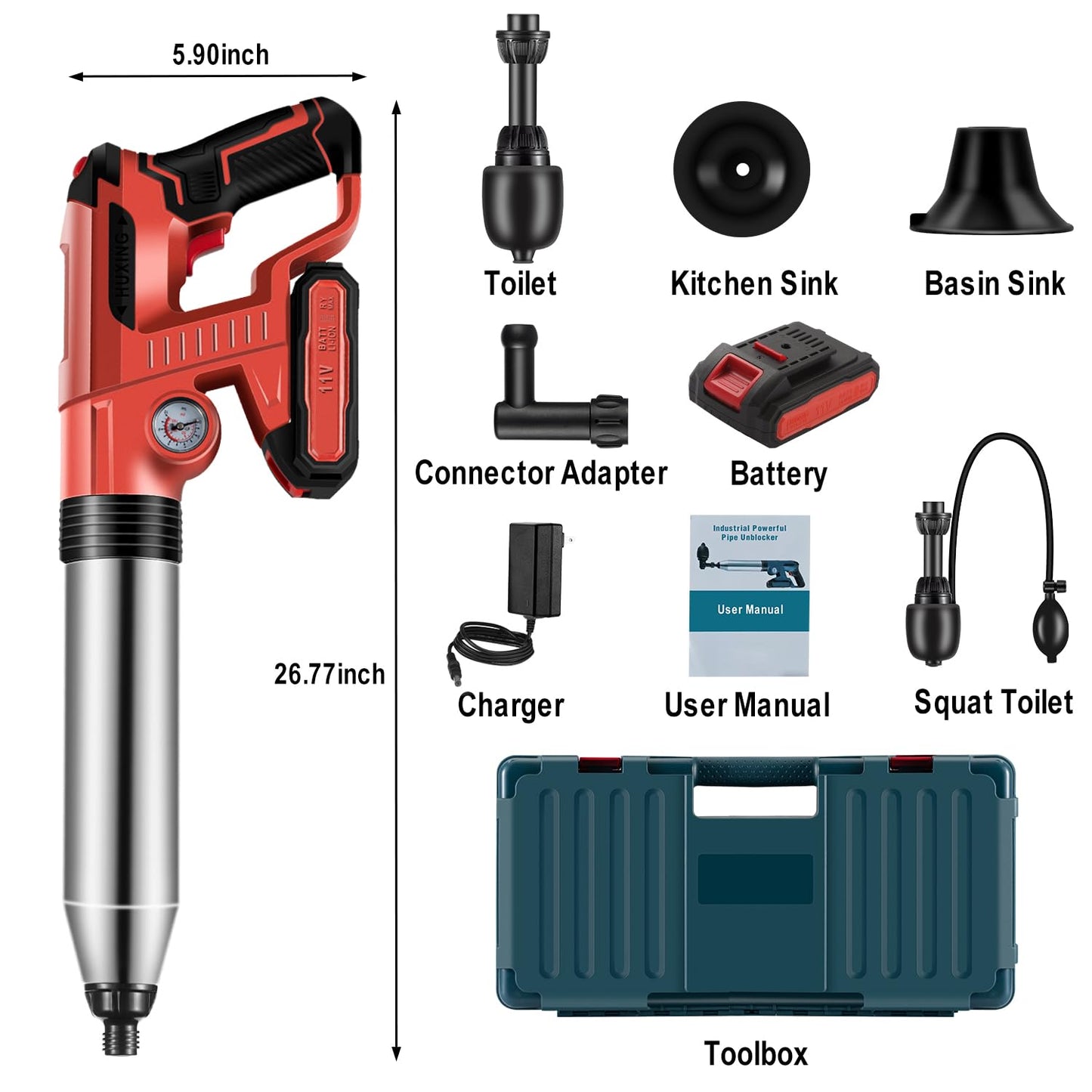 Electric Toilet Plunger With Dedicated Box, Plunger Toilet Can Only Take 2 Mins To Unclog Toilet,Bathroom,Floor Drain,Sewer,Pipe，RED,1 Battery