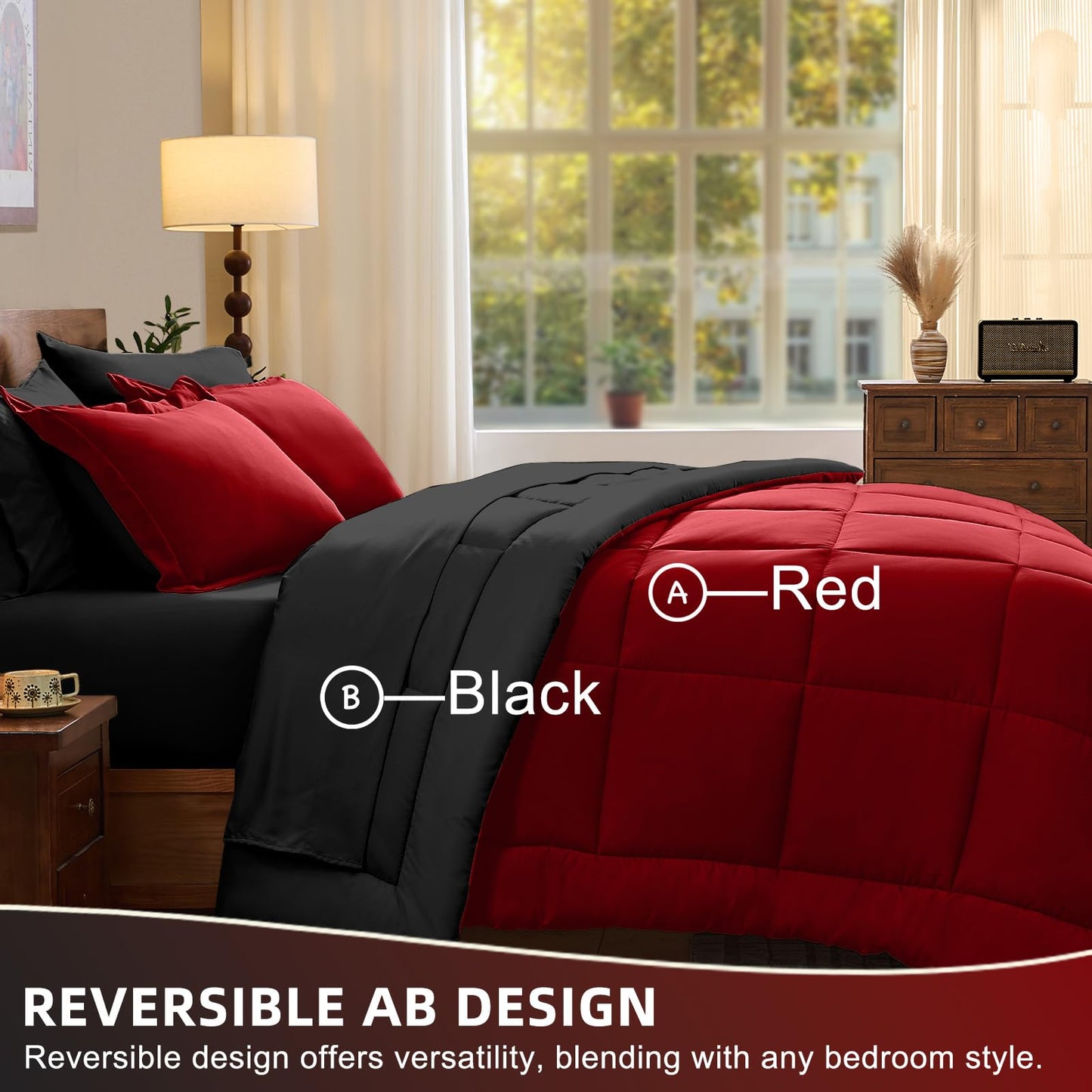FUANNA King Size Comforter Set 7 Pieces, Reversible Bedding Sets with All Season Premium Comforter, Bed in a Bag King Includes Comforter, Flat Sheet, Fitted Sheet, Pillowcases & Shams, Red & Black