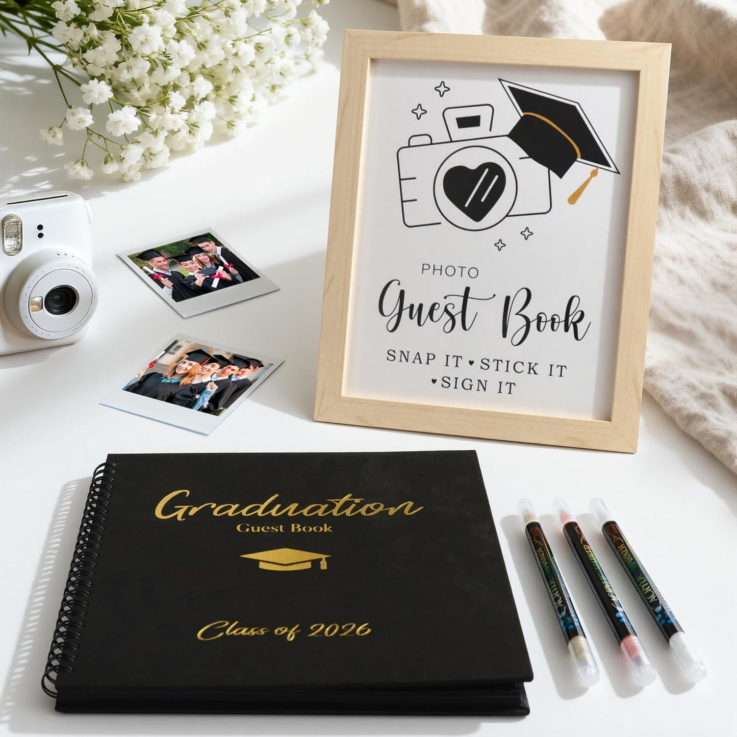2026 Graduation Decorations - 30 Pages Graduation Guest Book with Photo Sign and 3 Markers - Class of 2026 Graduation Gifts Graduation Decor Party Favors Supplies for Kindergarten High School College