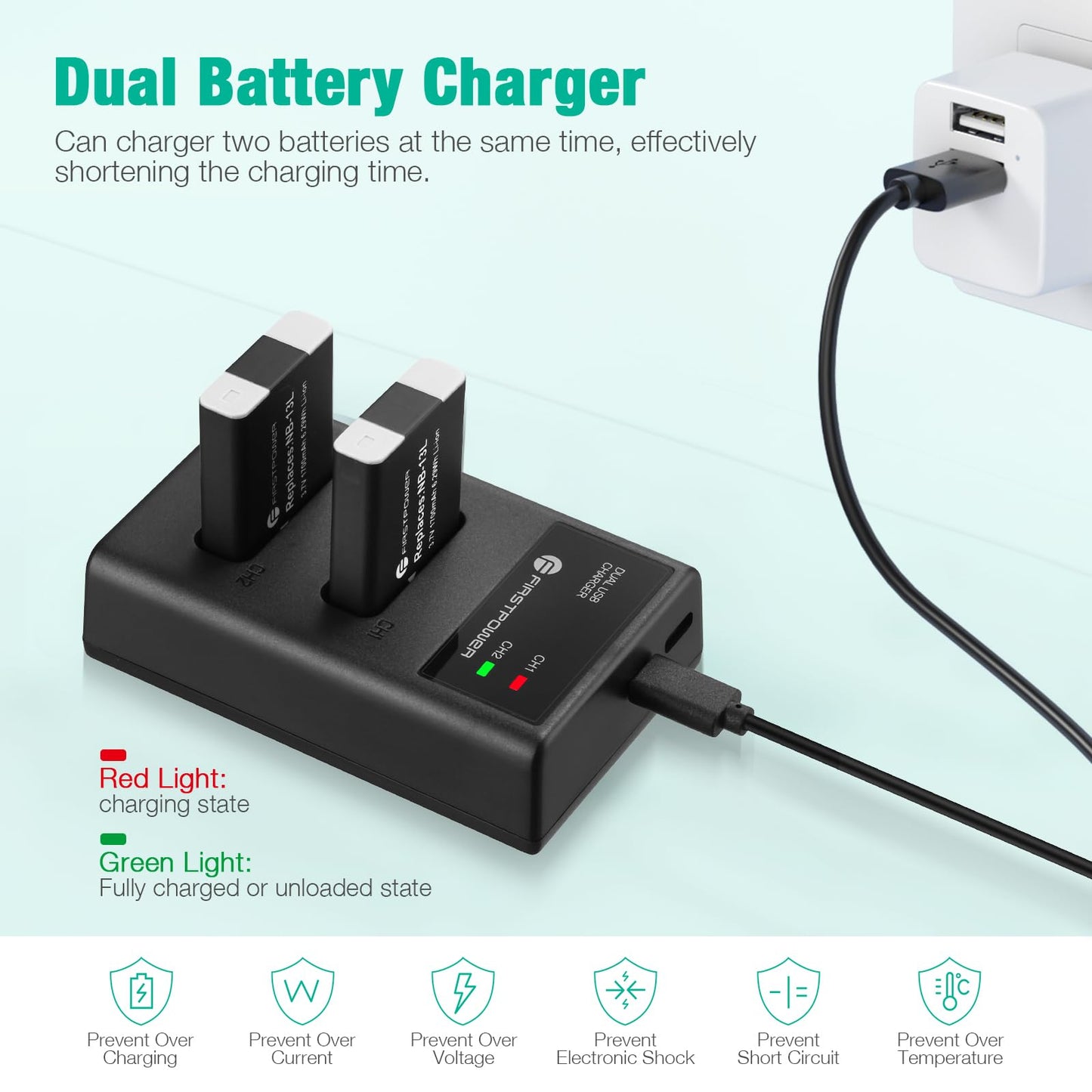 FirstPower 2-Pack NB-13L Battery and Dual USB Charger Compatible with Canon PowerShot G7 X Mark II, G7 X, G1 X Mark III, G5 X, G5X Mark II, G9 X, G9 X Mark II, SX620 HS, SX720 HS, SX730 HS, SX740 HS