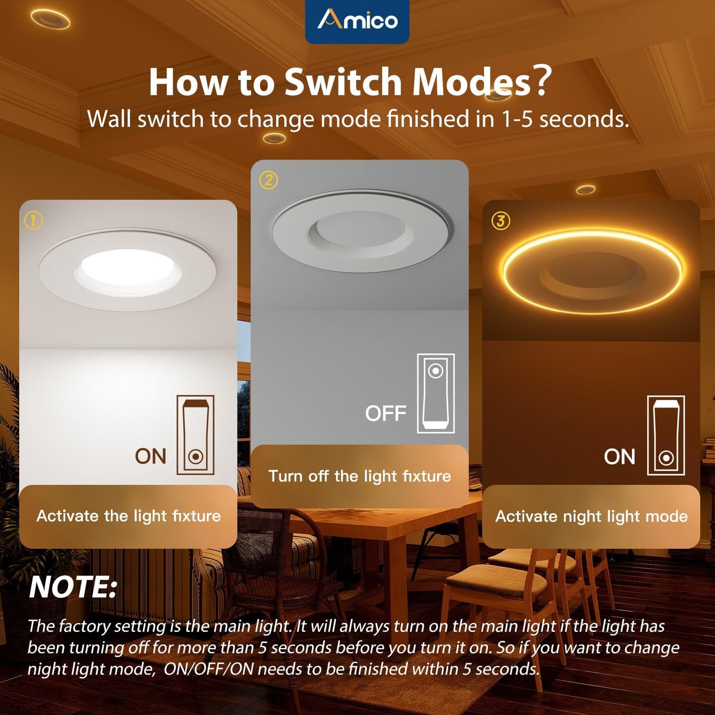 Amico 12 Pack 5/6 Inch LED Can Lights with Night Light, 5CCT Retrofit Recessed Lighting Selectable 2700/3000/4000/5000/6000K, Dimmable, 12W=110W, 1100LM Downlight - ETL & FCC