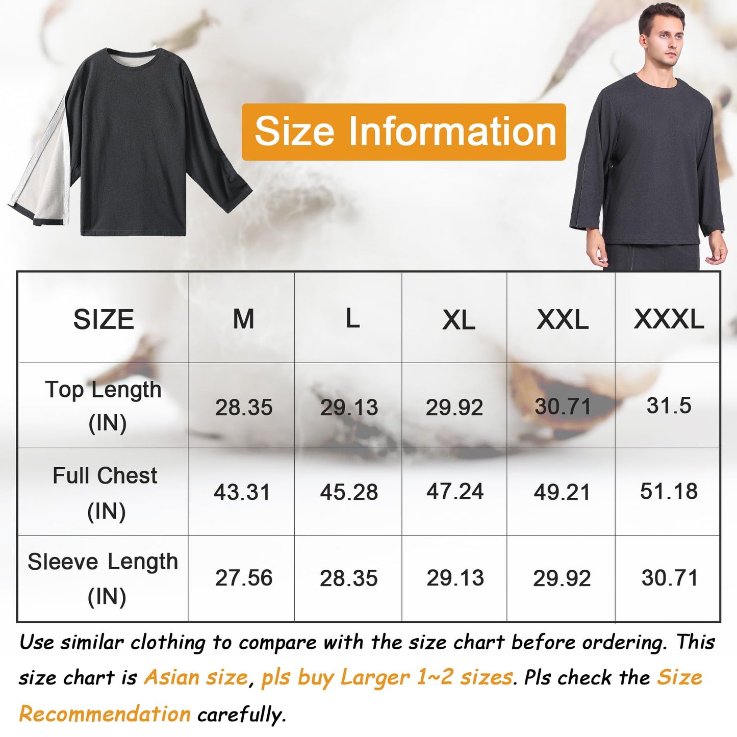 Fleece Dralon Snap On Off Post Shoulder Surgery Shirts Men Chemo Shirts for Port Access Crewneck Tear Way Rehab Recovery T-Shirt with Right & Left Side Full Arm Open Dialysis Clothing