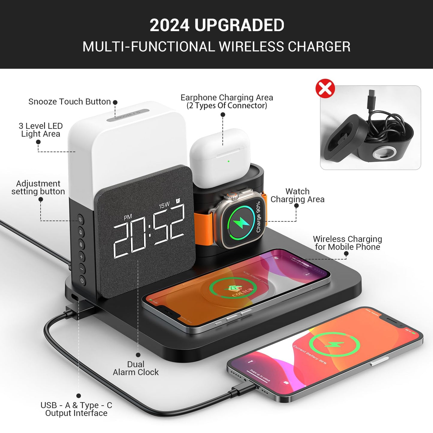 7 in 1 Charging Station for iPhone, Wireless Charging Station, Alarm Clock, Night Light, Wireless Charger for iPhone 16 15 14 13 12 Pro Max & Apple Watch - Charging Stand Dock for AirPods