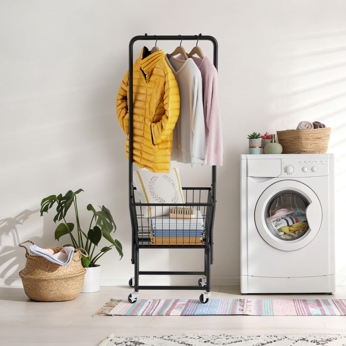 SIMHOMSTOR Rolling Laundry Cart with Wheels, Laundry Hamper Basket Organizer with Clothes Hanging Rack, Wire Storage Cloth Shelf Butler, Black