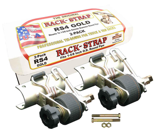 2 Pack, Rack-Strap, The Original American Made Ladder Rack Tie-Downs, Round Mounting Bracket, RS4 Gold 1-5/8 Inch Diameter Round Mounting Bracket, Bolt Mounting Hardware Included, 8 Foot Black Strap
