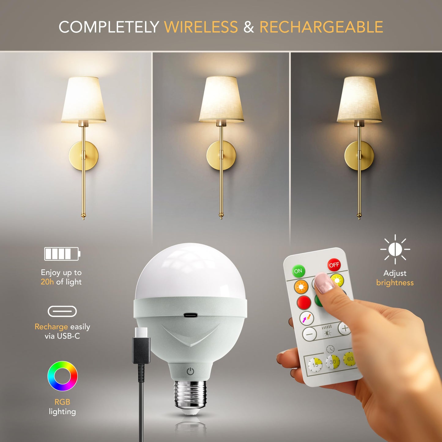 PRIDOLA Set of 2 Wireless Wall Sconces Peel & Stick with Adhesives for Easy Installation with Rechargeable LED Bulbs, Remote Controlled, Adjustable Brightness & Warmth, Living Room Wall Decor (Gold)