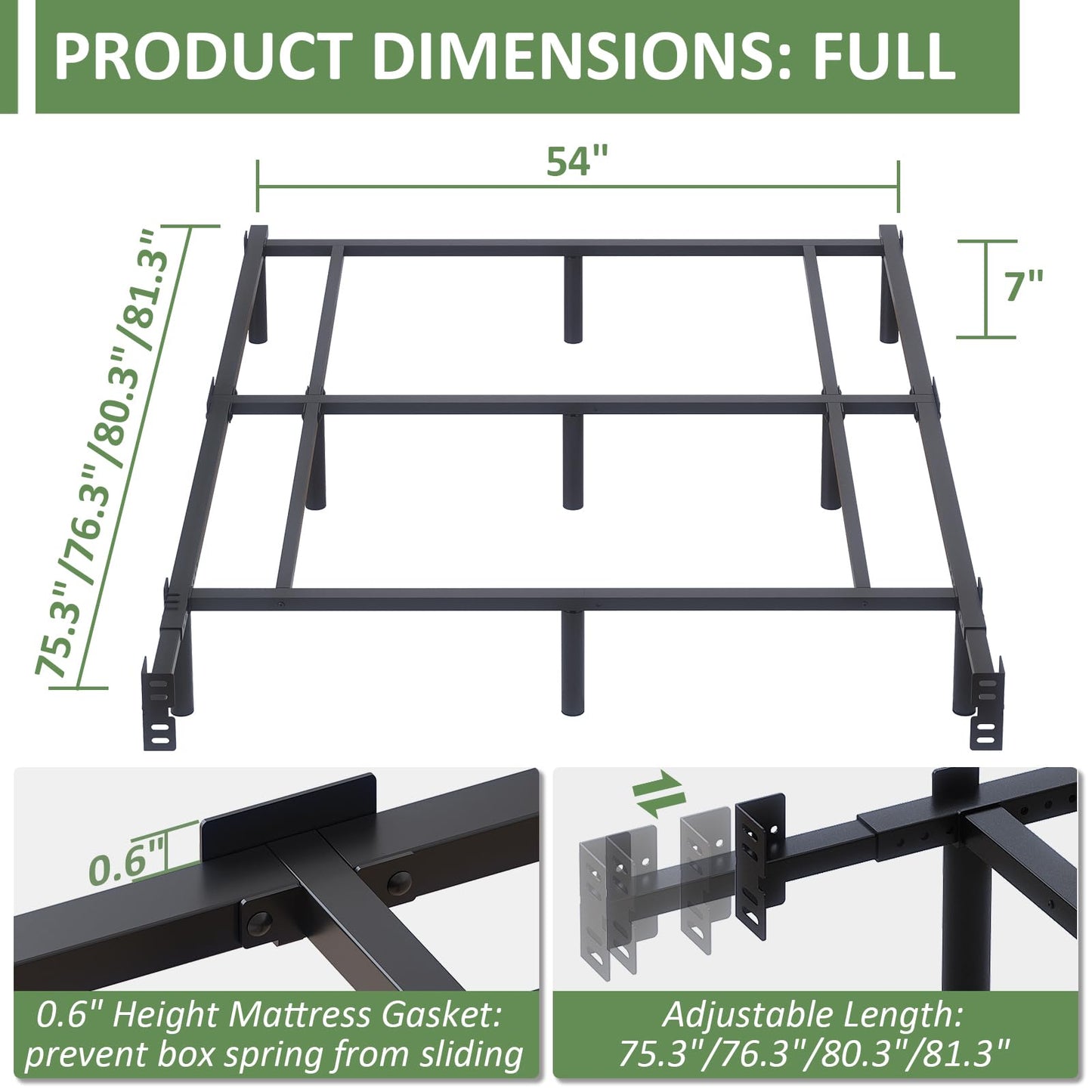 Mashomdec Full Metal Bed Frame, 7 Inch Low Heavy Duty Platform Bed Frames Full Size for Box Spring and Mattress, Easy Assembly, Noise-Free, Adjustable, Black