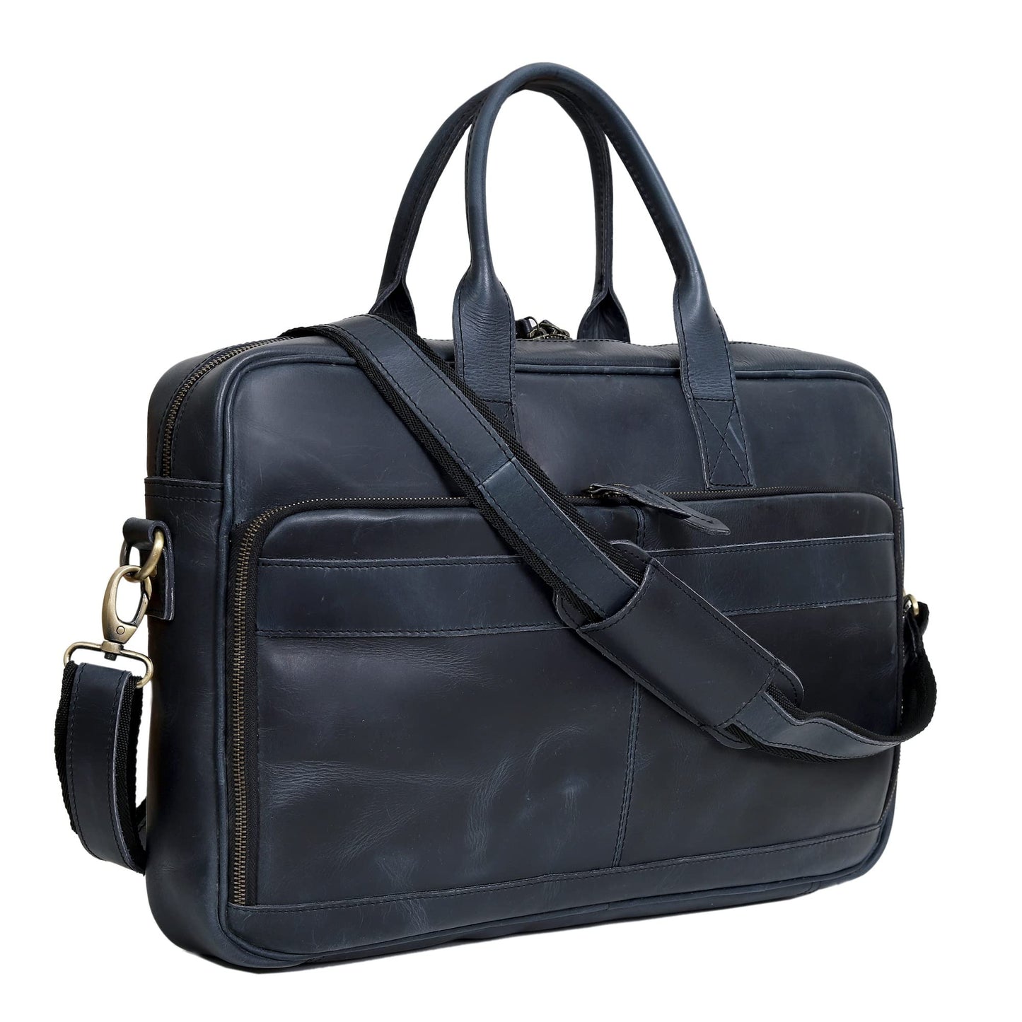 Vintage Handmade Leather Travel Messenger Office Crossbody Bag Laptop Briefcase Computer College Satchel Bag (16" Blue)