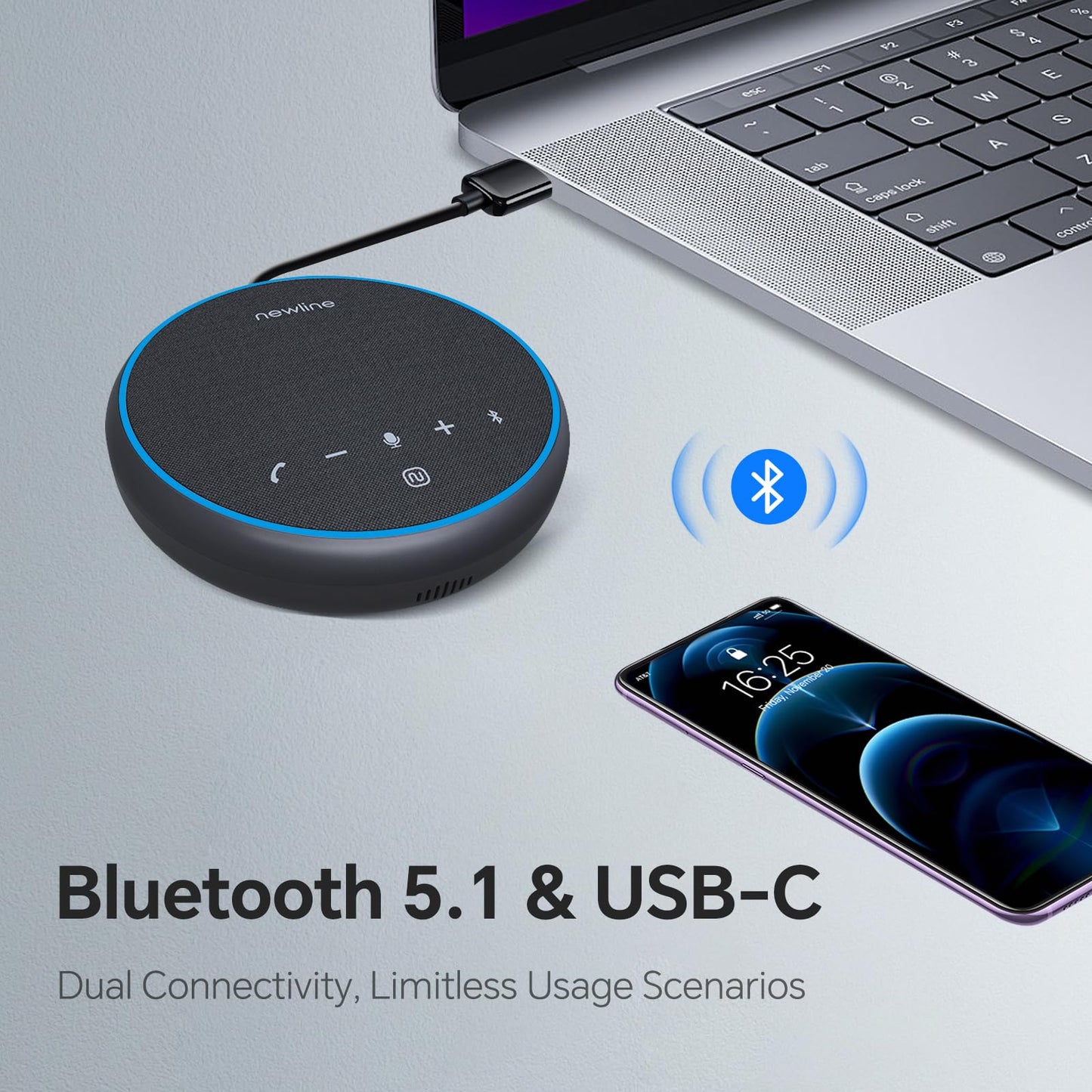 N newline Conference Speaker and Microphone, Bluetooth Speaker with Microphone, 360° Voice Pickup, AI Noise Reduction, Dual Connectivity, USB C Conference Room Microphone for Meetings, NewPie
