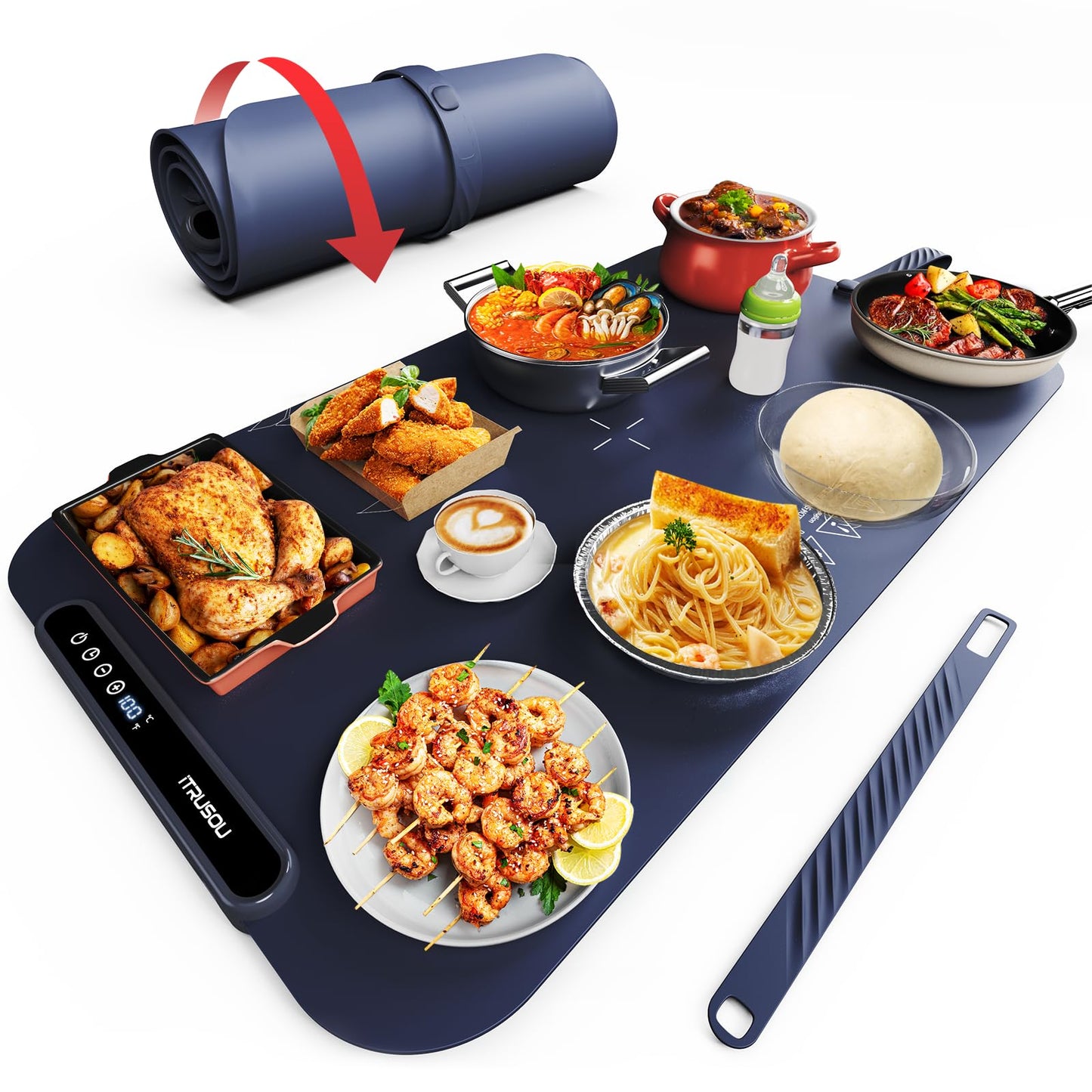Food Warming Mat, iTRUSOU 27.5x16'' Electric Warming Tray with 7 Temp-Settings, 1-99h Flexible Timer, Switchable °F/°C, Rollable Food Warmer Keep Food Warm at Buffet, Party, Sabbath, Daily Use