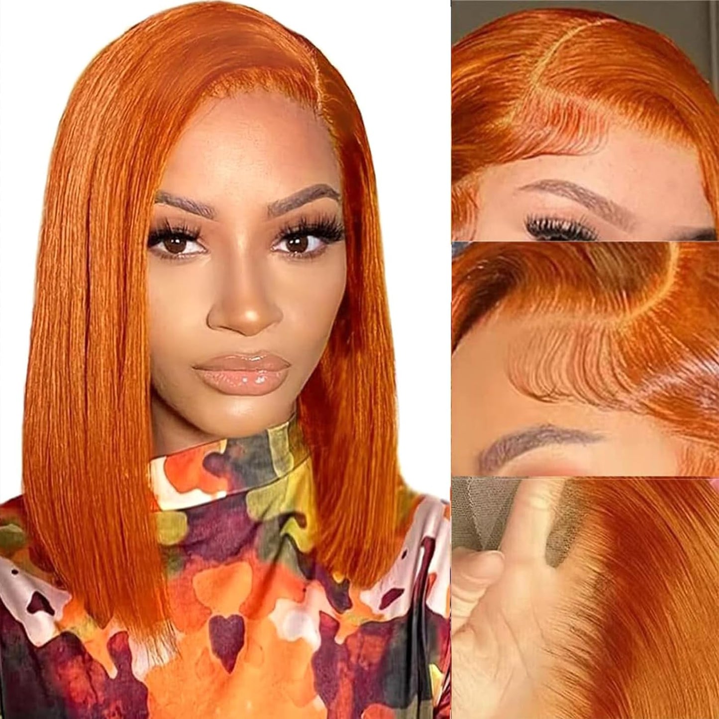 RQY Ginger Bob Wig Human Hair 8inch 13X4 Ginger Lace Front Bob Human Hair Wigs 180% Density Straight Ginger Orange Bob Lace Front Human Hair Wigs Pre Plucked Natural Hairline With Baby Hair