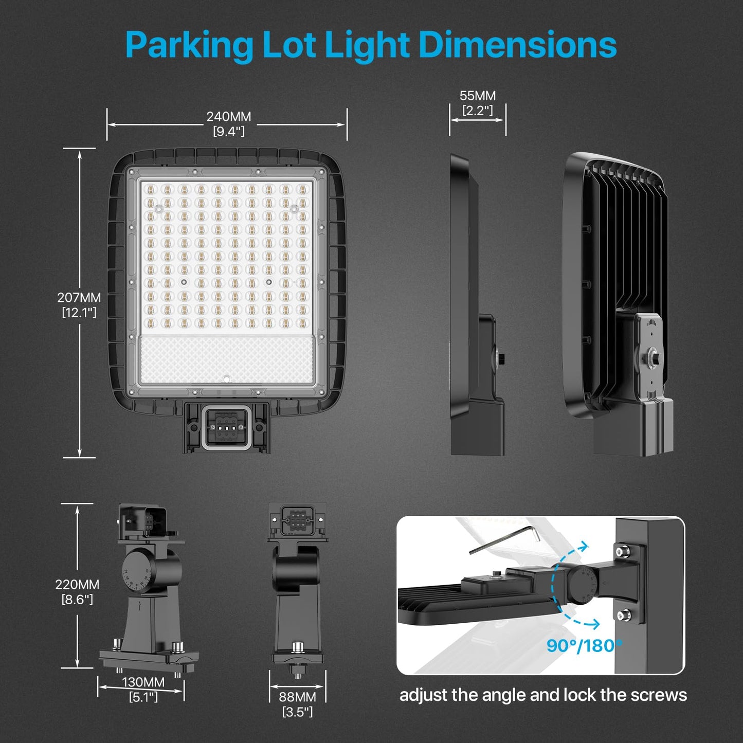 lumenfox LED Parking Lot Light, 150W LED Shoebox Light with Dusk to Dawn Photocell, 5000K Daylight, IP65 Waterproof, Adjustable Arm Mount, AC 120V, Commercial Light for Parking Lot, 1 Pack