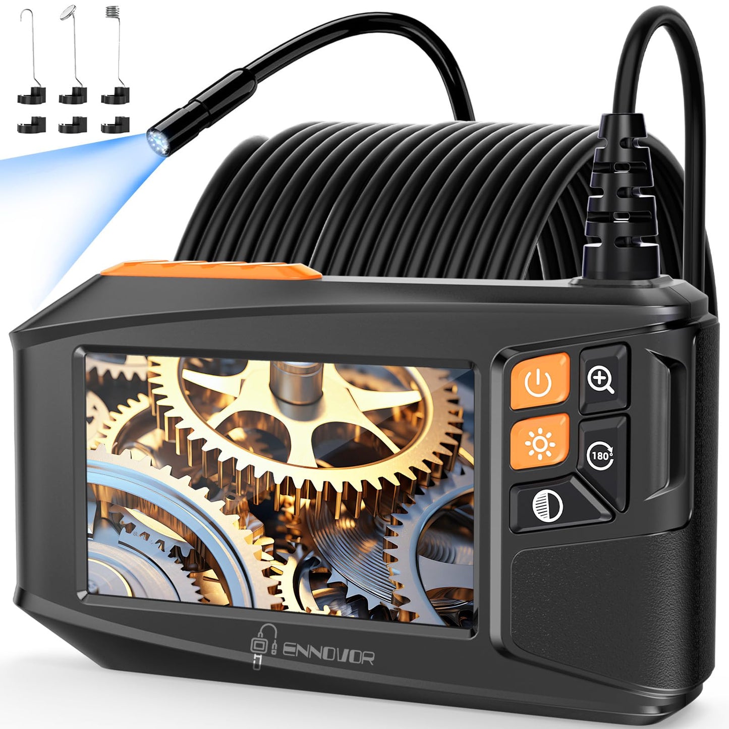 Endoscope Camera with Light, 4.3" HD 1920P Borescope Snake Inspection Camera, IP67 Waterproof 8 Adjustable LEDs 32.8ft Semi-Rigid Tool Kit for Automotive Plumbing DIY Cool Gadgets