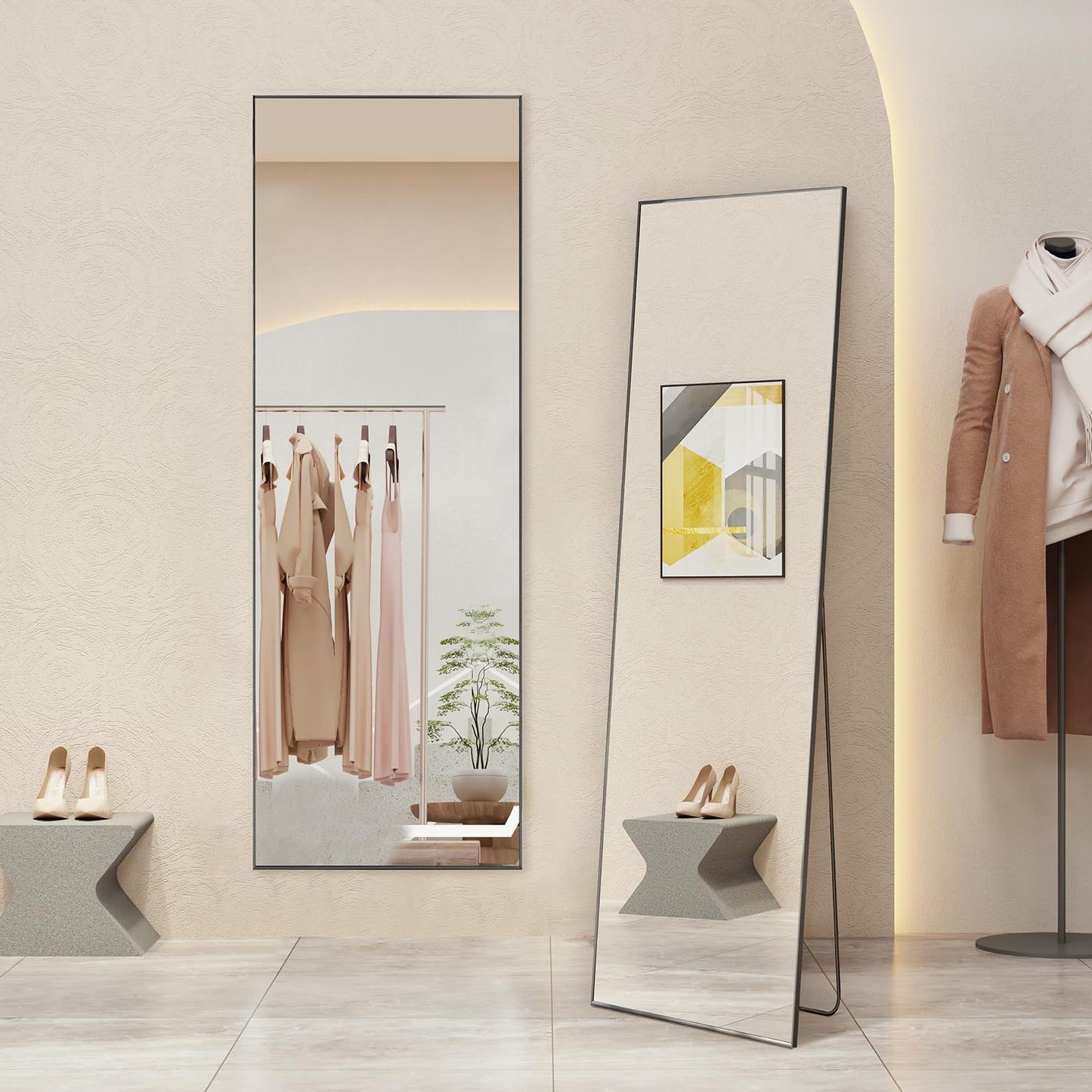 Aidoly Mirror Full Length, Upgraded 16"x59" Body Wall Mirrors with Shatter-Proof Glass, Floor Standing, Hanging or Leaning, Tall Mirror with Stand Aluminum Alloy Frame for Bedroom, Black