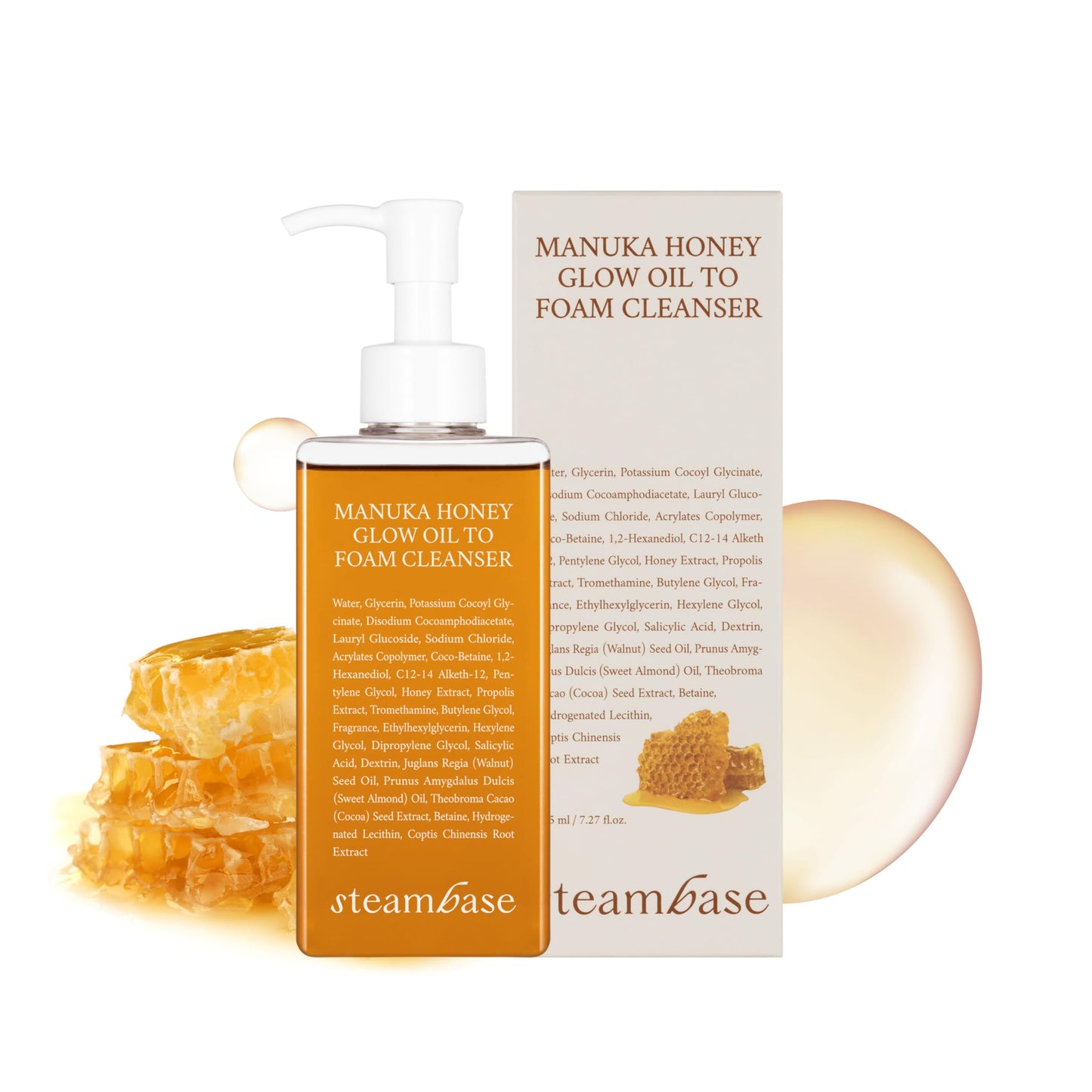 STEAMBASE Manuka Honey Glow Oil to Foam Cleanser | Daily Makeup Remover and Cleanser, Hydrating Foaming Face Wash for Dry Skin, Double Cleanse | Korean Facial Oil Cleanser, 7.27 fl oz
