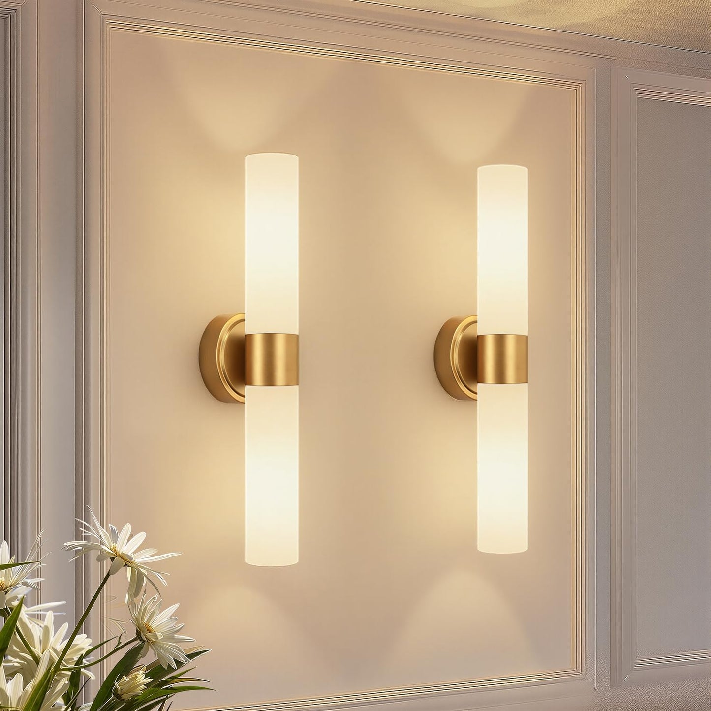 Meybiok Hardwired Wall Sconces Set of Two, Modern Bathroom Sconces Wall Lighting with Milky White Glass, Brushed Gold Sconces Wall Decor Set of 2 for Bathroom Mirror Bedroom Living Room Hallway
