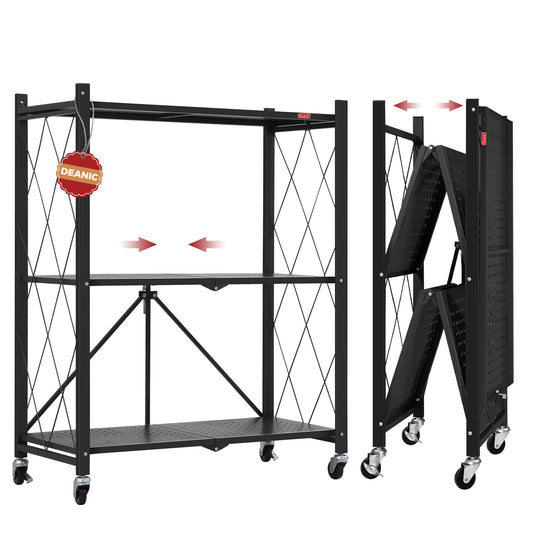 DEANIC 3 Tier Foldable Storage Shelves with Wheels, Kitchen Appliance Stand, Freestanding Metal Wire Shelf Rack, No Assembly Organizer Rolling Cart for Garage, Basement, Pantry(Black)