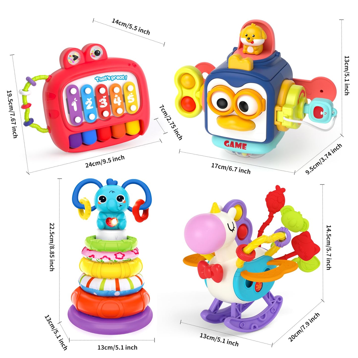 usrela 4 in 1 Baby Toys for 6 12 18 Month, Learning Toys for Babies 6-12 Months, Busy Cube, Stacking Sorter, Piano Xylophone Pull String Travel Toy, Birthday Gifts for Toddlers 1 2 Years Old