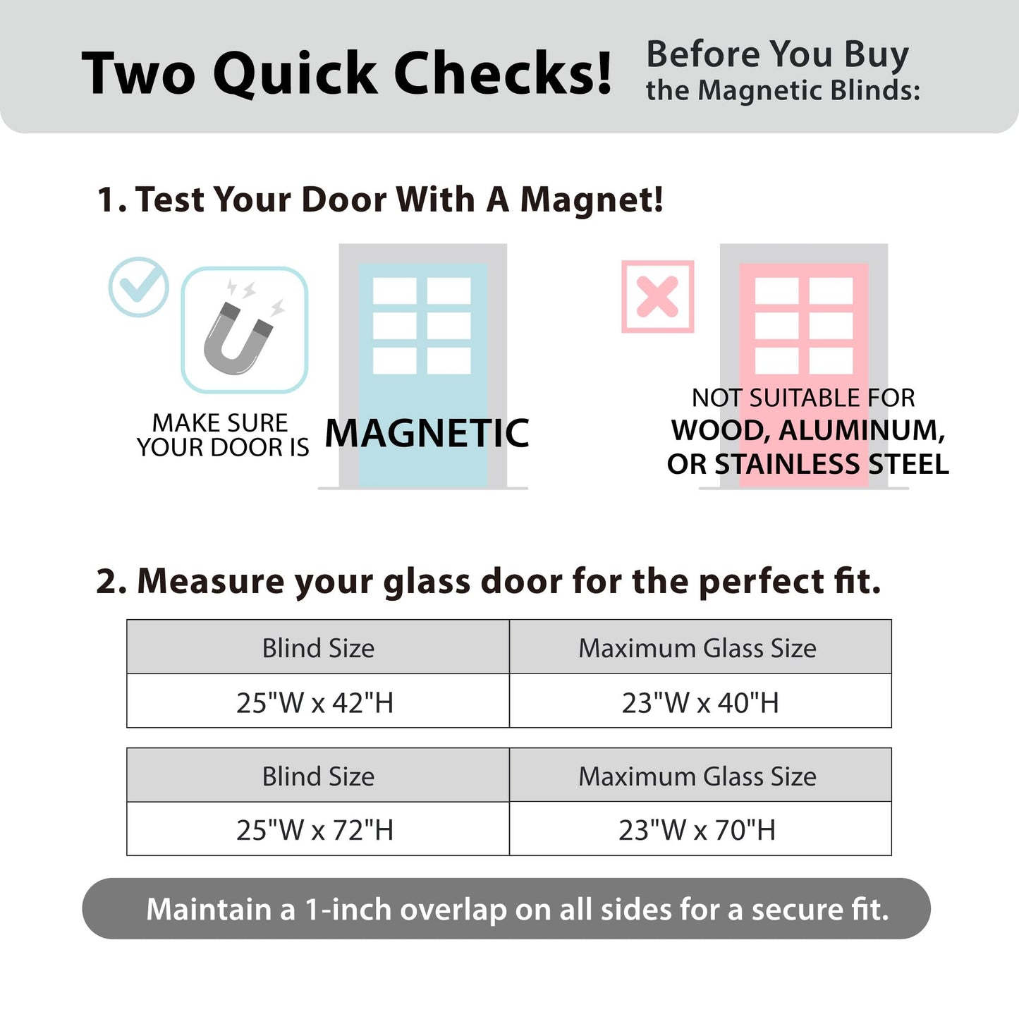 DEZ FURNISHINGS Cordless No Tools 1" Magnet Mini Blinds for Metal Doors, Room Darkening, 25" W x 42" H, White