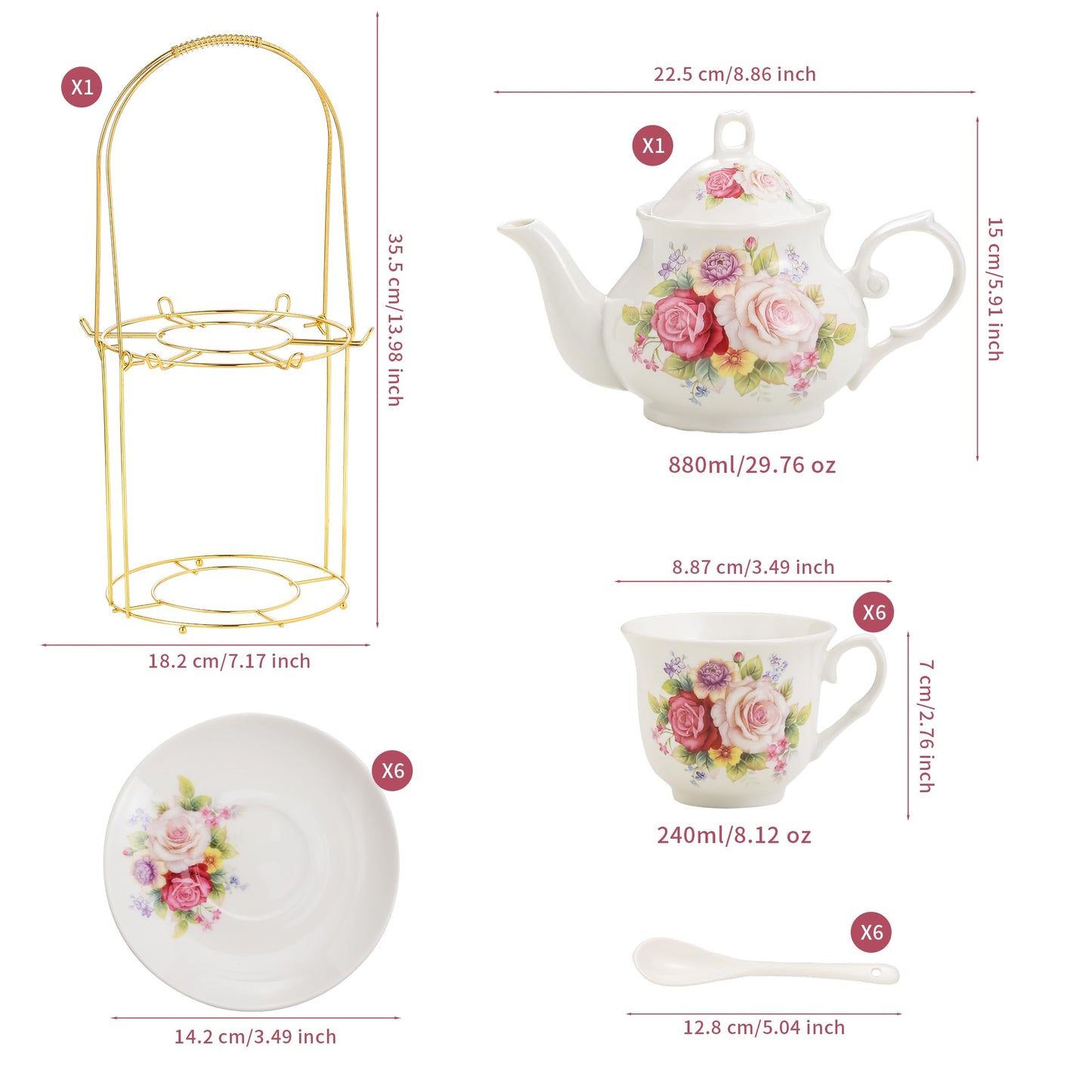 20-Pieces Porcelain Bone china Tea Sets,Gold Rim Coffee Set with Golden Metal Rack,Tea Gift Sets for Home&Party (008)