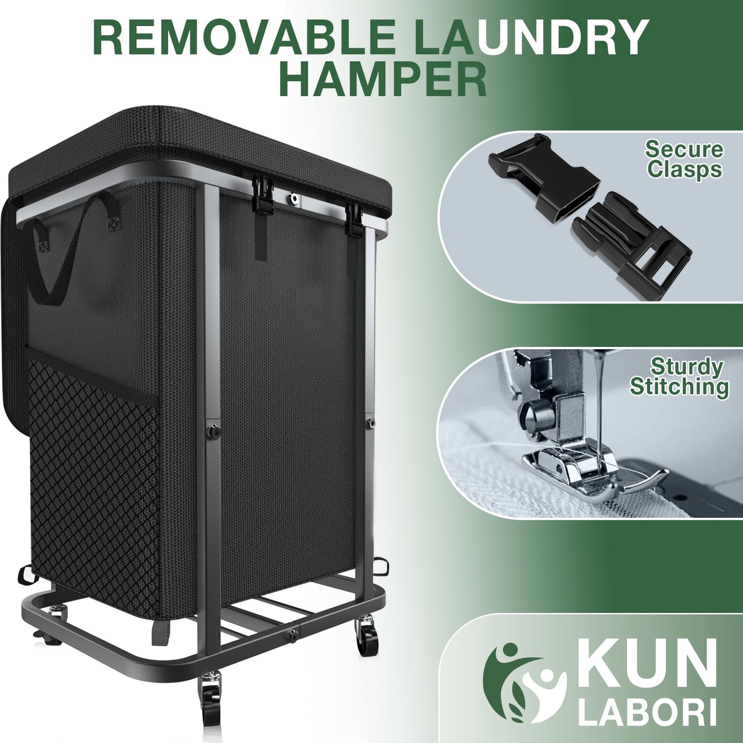 40 Gal(150L) Laundry Basket with Lid, Rolling Laundry Hamper with Wheels, Dirty Clothes Hamper with Metal Frame and Removable Bag Design, Suitable for Laundry Room, Bedroom - Black