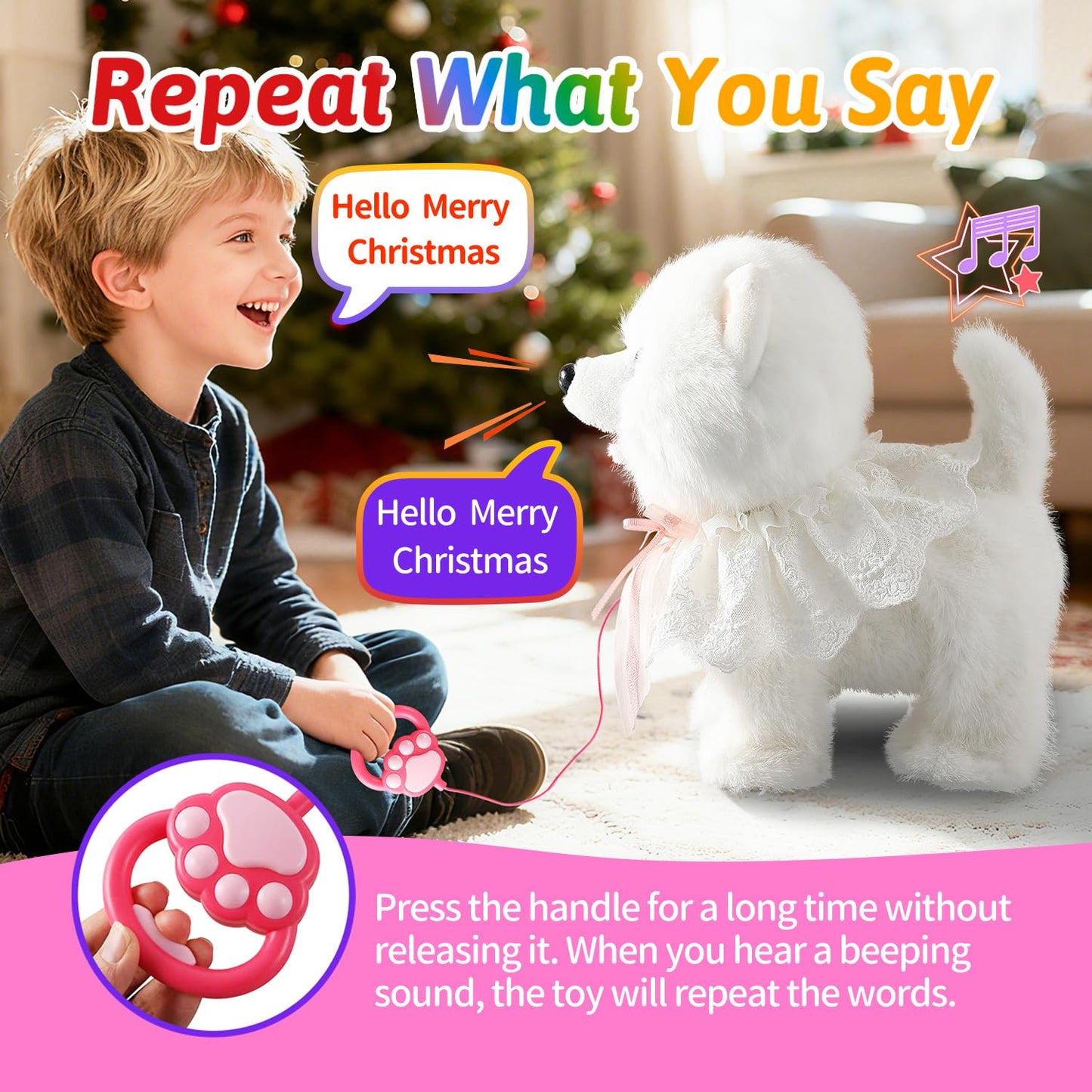Walking Barking Singing Samoyed Puppy Toy, Repeats What You Say, Realistic Licking Tongue Wagging Tail Mechanical Dog with Touch or Voice Control, Interactive Music Dancing Plush Pet for Kids