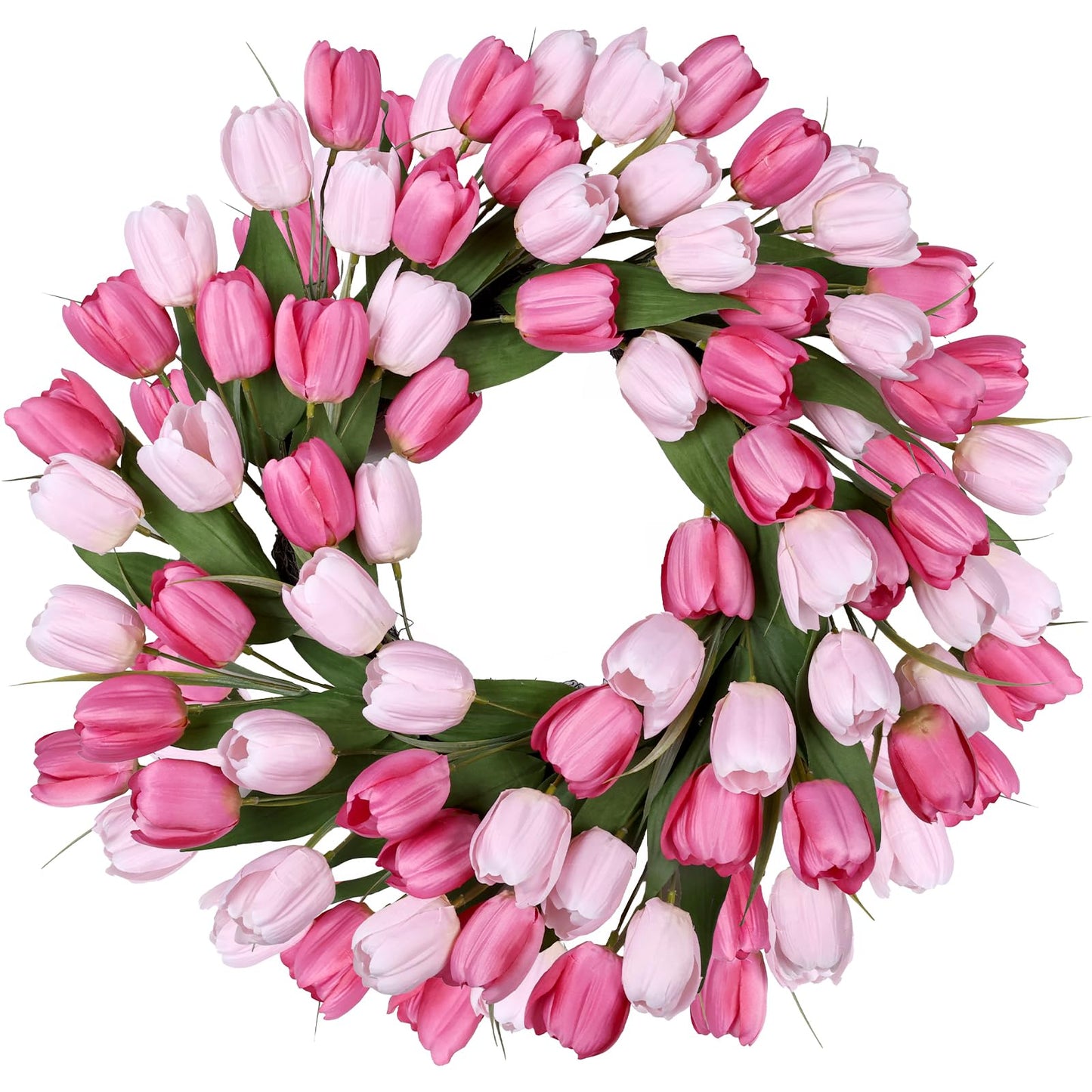 24 Inch Tulip Summer Wreath for Front Door Spring Silk Wreath with Green Leaves Artificial Tulip Flower Wreaths for All Seasons Farmhouse Porch Wall Living Room Home Widding Decor-Red